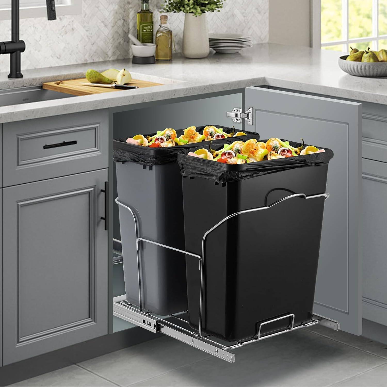 Alt View 2. Acekool - Double Bin Pullout Trash Can with Damping, Under Cabinet Door-Equipped Model.