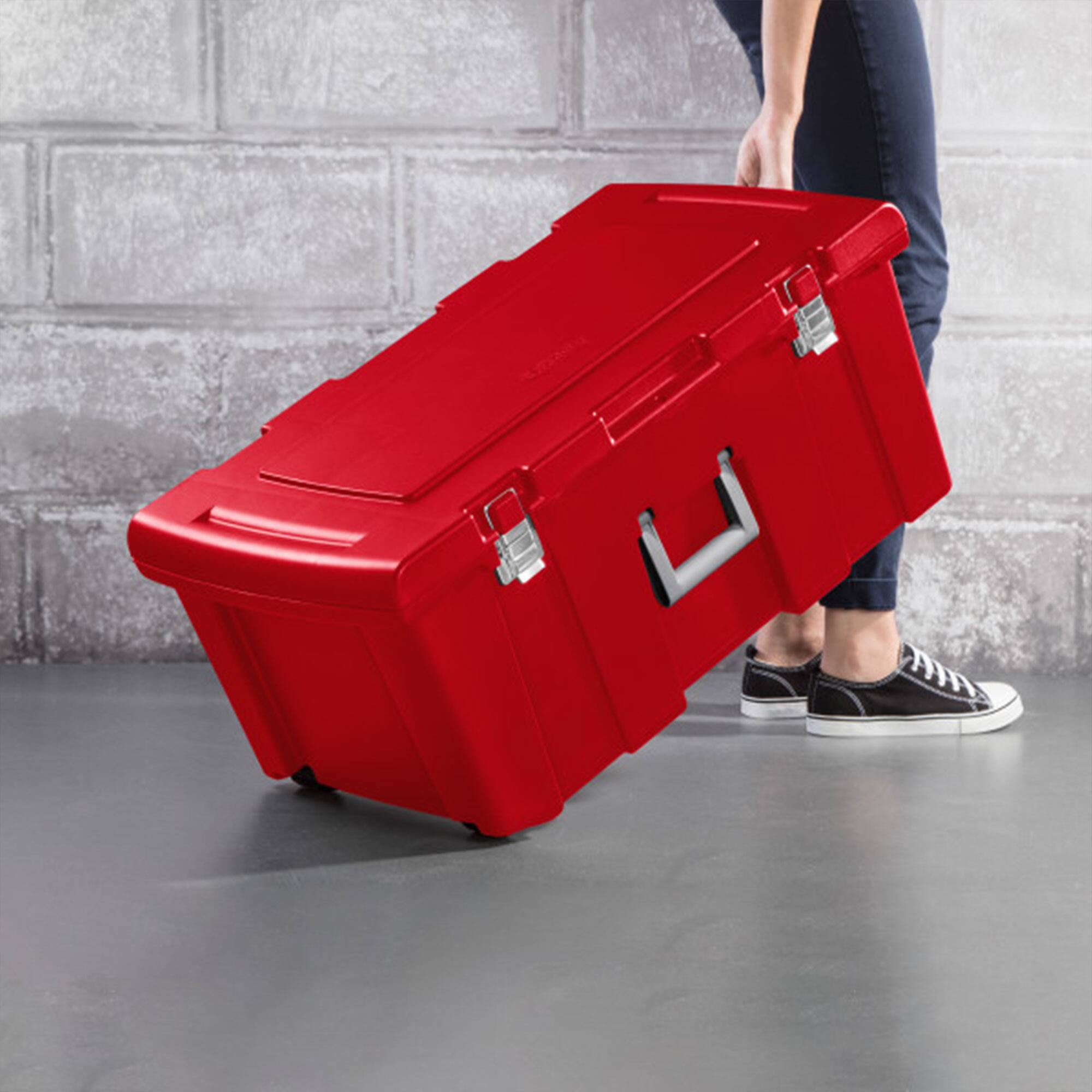 Alt View 2. Sterilite - Sterilite Wheeled Footlocker, Plastic Utility Lockable Storage Container, Red - Red.