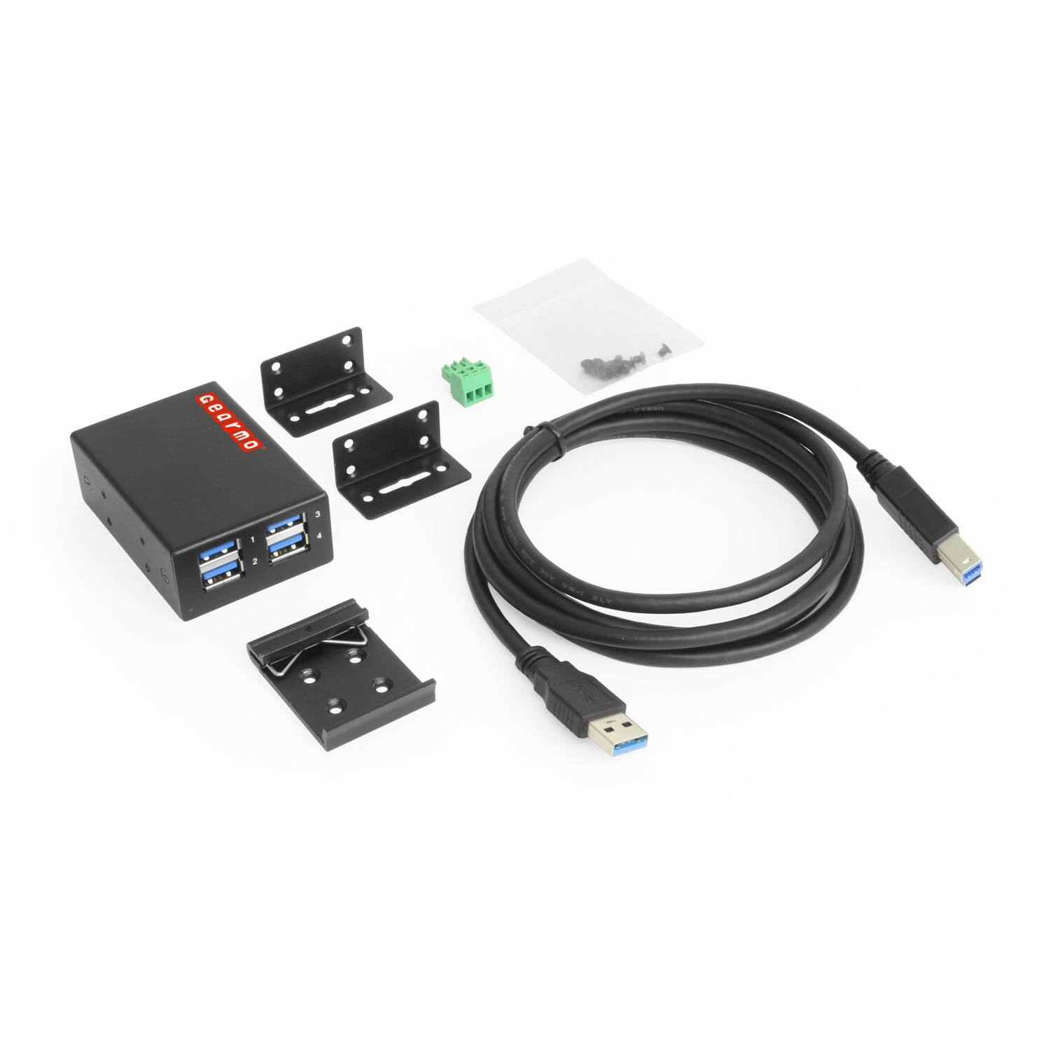 Alt View 1. Gearmo - 4-Port USB 3.2 Gen 1 Hub - 5Gbps - Slim Profile - Surface & DIN Rail Mountable - Powered Via 3-Pin Terminal Block - Black.