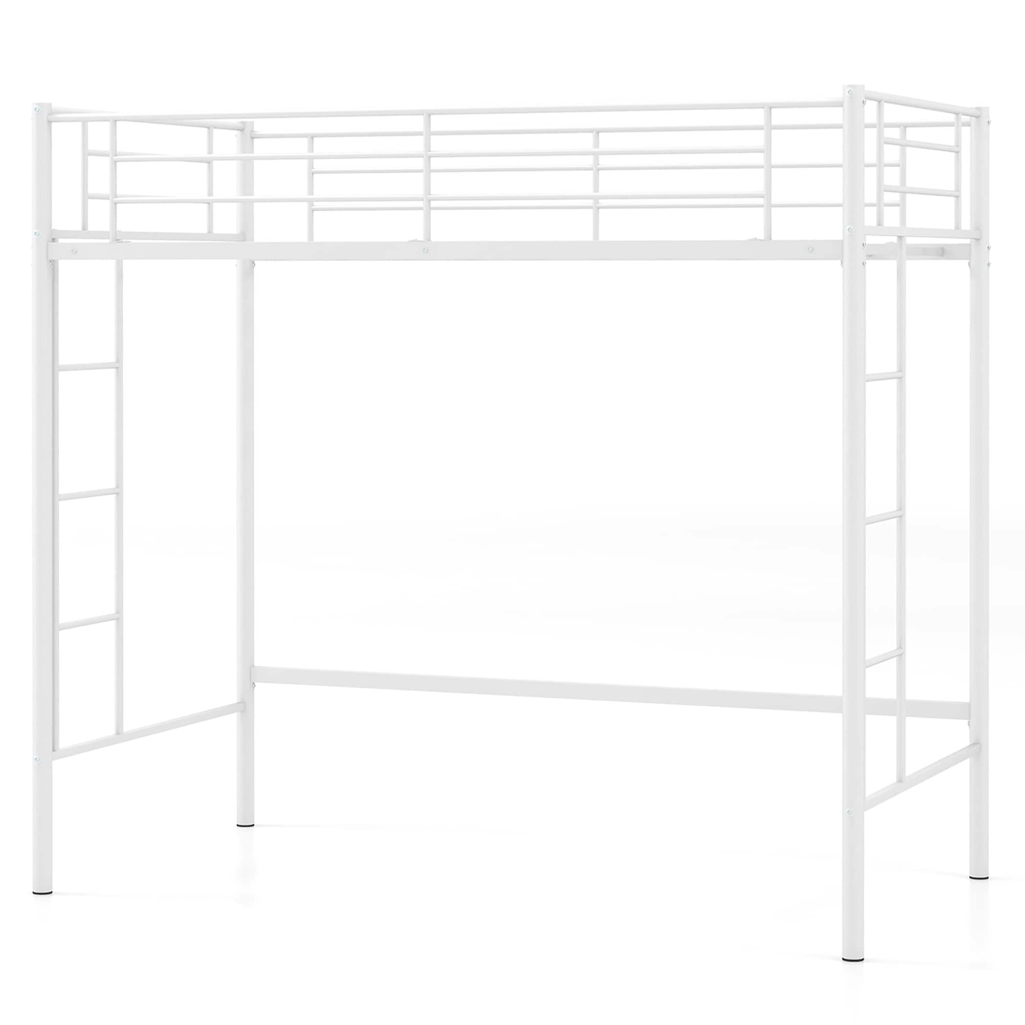 Gymax - Twin Metal Loft Bed Frame w/ 2 Ladders Full-length Guardrail Space-Saving - White