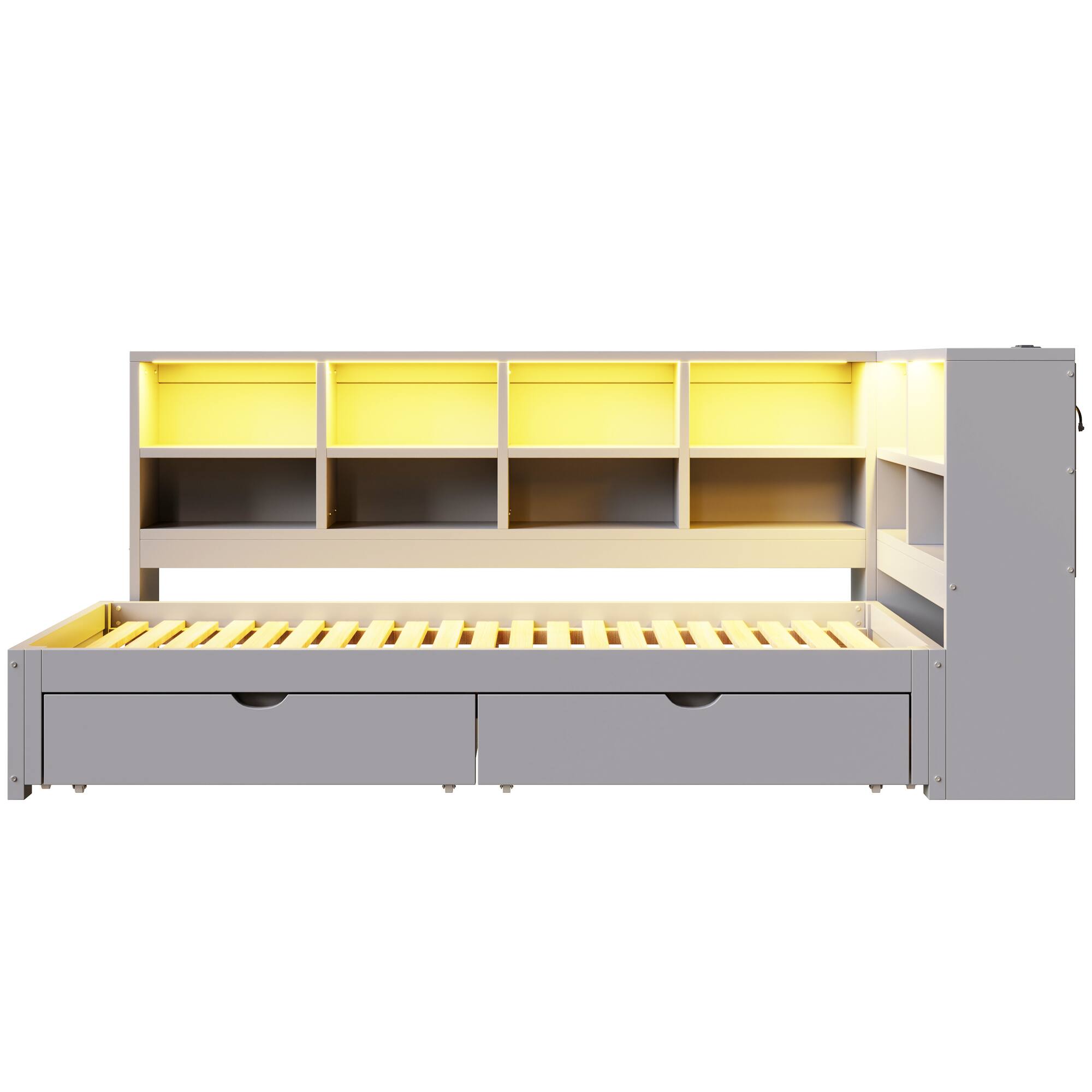 Alt View 2. Whisen - Twin XL to King Size Daybed with Two Storage Drawers, Storage Cabinets LED Light and USB Ports - Gray.