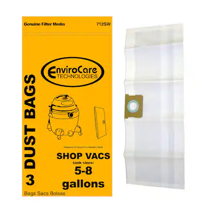 Genuine Filter Media
712SW
EnviroCare Technologies
3 DUST BAGS
Designed for Concous Pour Désenfumage à Média
SHOP VACS
tank sizes:
5-8 gallons
Bags Sacs Bolsas