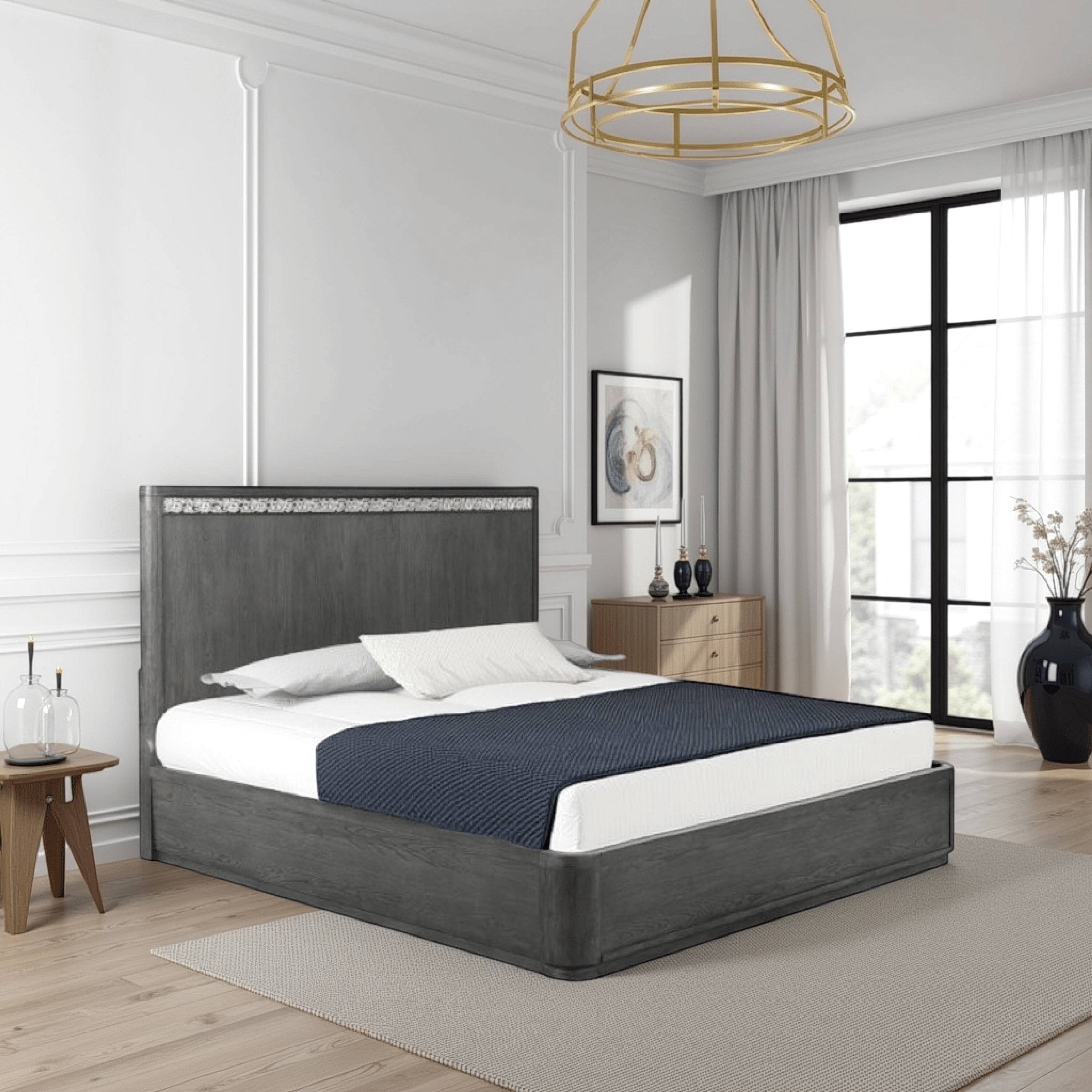 Alt View 5. Manhattan Lane - Zoko Queen Bed with Panel Style Headboard, Ash Gray Solid Wood Frame - Ash Gray, Chrome.