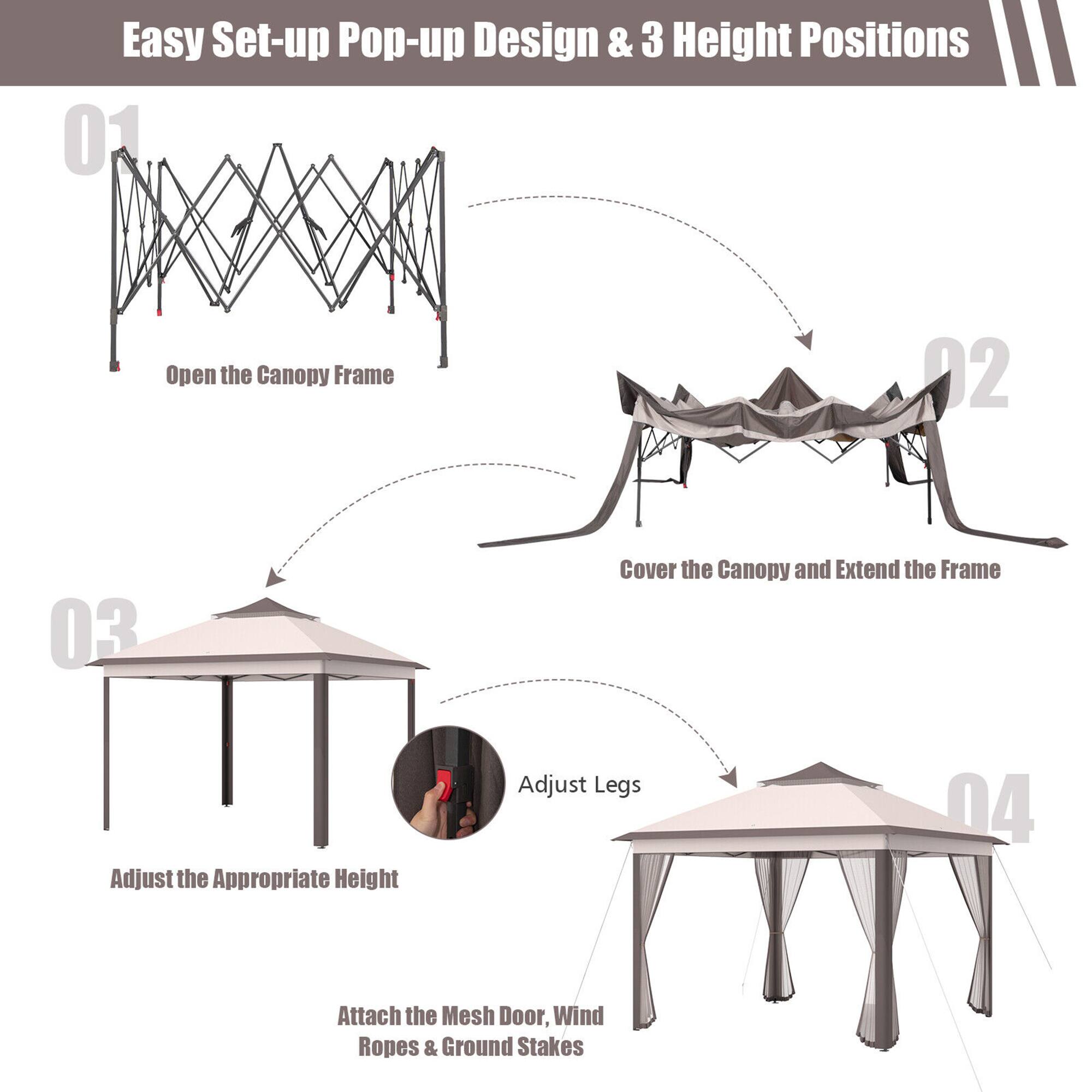 Easy Set-up Pop-up Design & 3 Height Positions

01 Open the Canopy Frame

02 Cover the Canopy and Extend the Frame

03 Adjust the Appropriate Height

04 Attach the Mesh Door, Wind Ropes & Ground Stakes