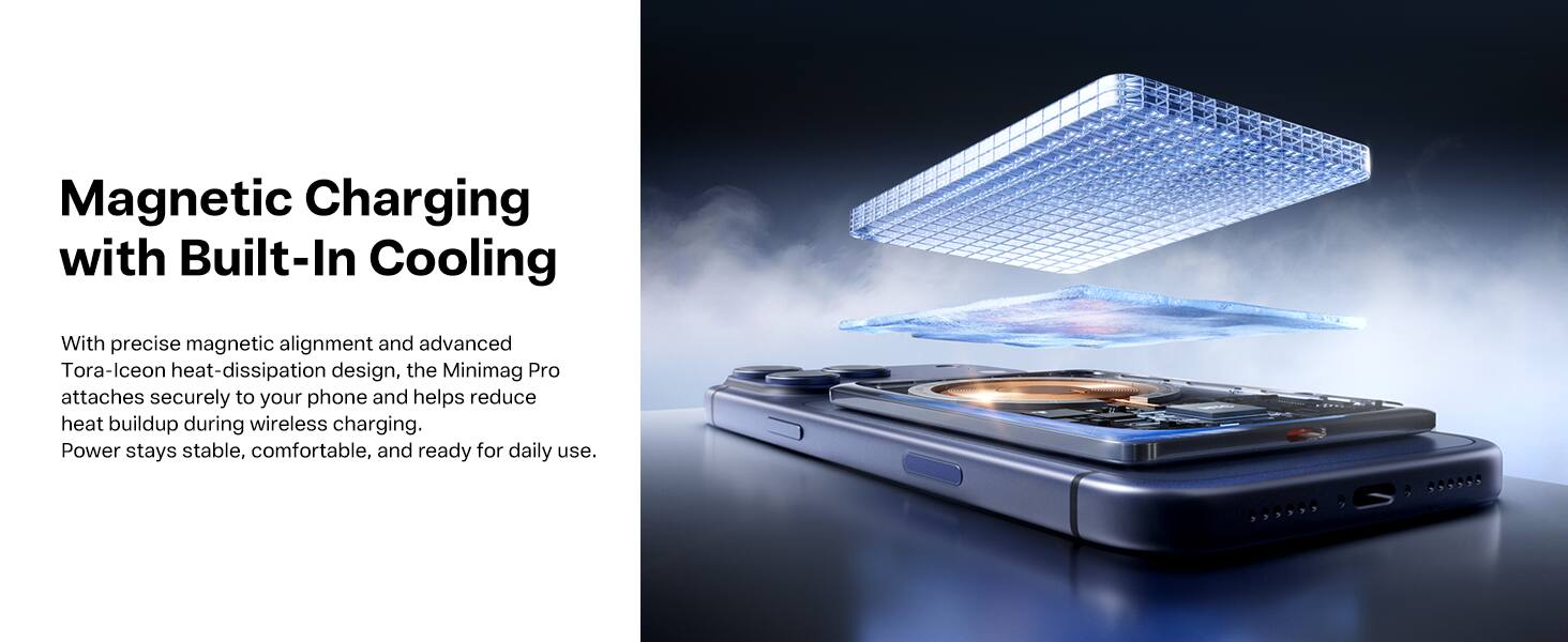 Magnetic Charging with Built-In Cooling

With precise magnetic alignment and advanced Tora-Iceon heat-dissipation design, the Minimag Pro attaches securely to your phone and helps reduce heat buildup during wireless charging. Power stays stable, comfortable, and ready for daily use.