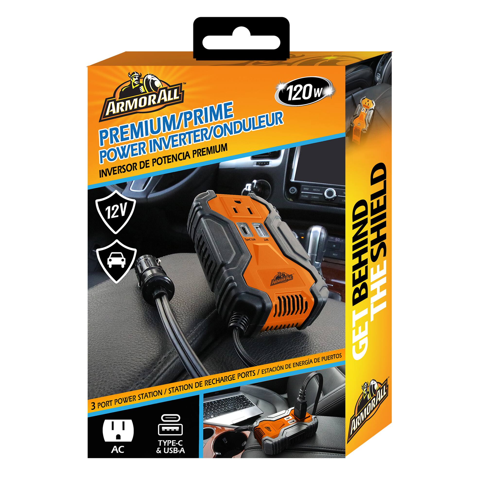 ARMORALL 120W PREMIUM/PRIME POWER INVERTER/ONDOULEUR  
INVERSOR DE POTENCIA PREMIUM  
12V  
3 PORT POWER STATION / STATION DE RECHARGE PORTS / ESTACION DE ENERGIA DE PUERTOS  
AC & TYPE-C & USB-A