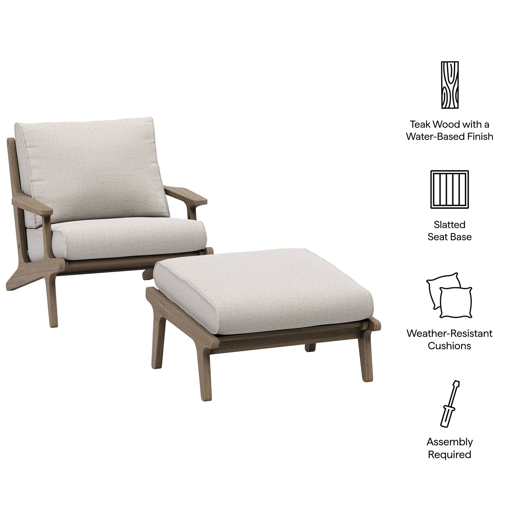 Teak Wood with a Water-Based Finish  
Slatted Seat Base  
Weather-Resistant Cushions  
Assembly Required
