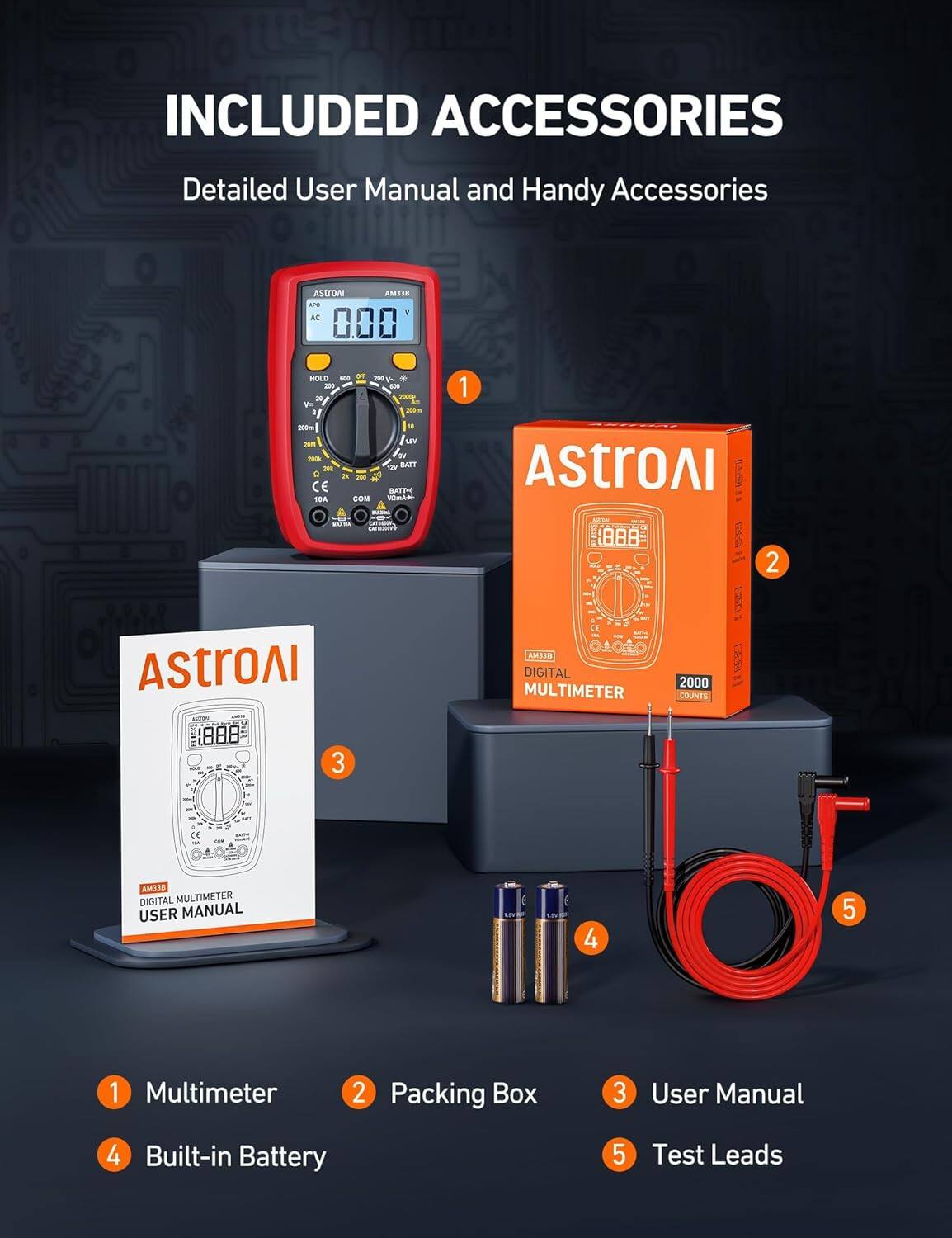 INCLUDED ACCESSORIES  
Detailed User Manual and Handy Accessories  

1. Multimeter  
2. Packing Box  
3. User Manual  
4. Built-in Battery  
5. Test Leads