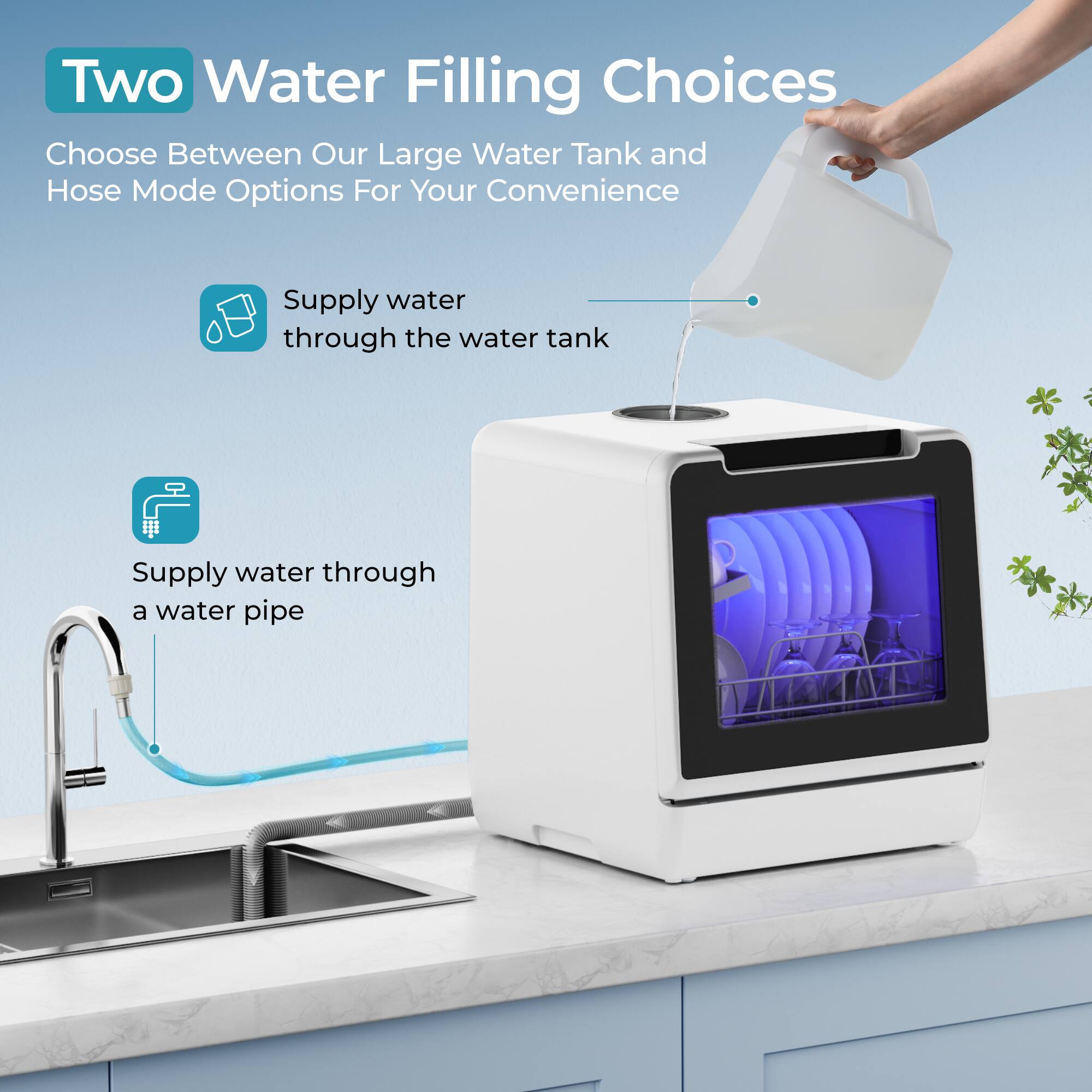 Two Water Filling Choices

Choose Between Our Large Water Tank and Hose Mode Options For Your Convenience

- Supply water through the water tank
- Supply water through a water pipe
