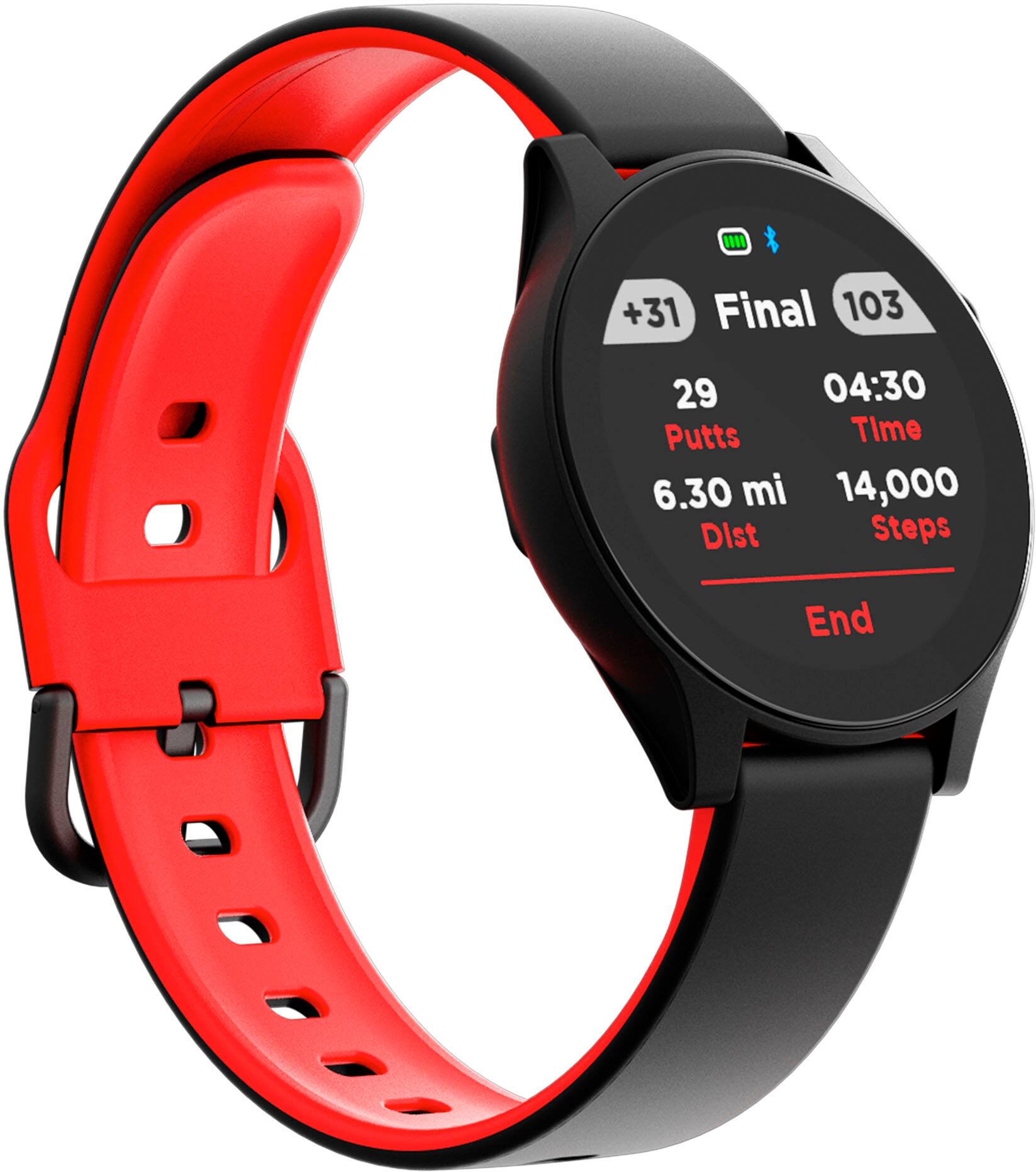 The text on the image is grouped and corrected as follows:

* +31 Final 103 29 04:30 Putts Time 6.30 mi 14,000 Dist Steps (End)

This text indicates that the person wearing the watch has achieved a final score of 103, with a total of 29 putts, and it took them 4 hours and 30 minutes to complete the course. The watch also shows that the person has traveled a distance of 6.30 miles and has taken 14,000 steps during their activity. The text ends with the word "End," suggesting that the activity or game has come to an end.