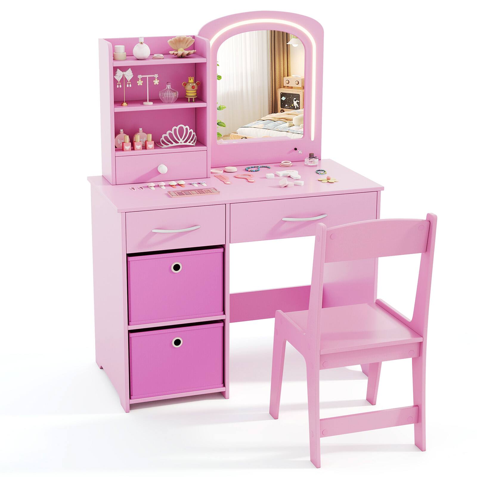 Alt View 9. Gymax - Gymax Kids Vanity Set Princess Makeup Desk & Chair w/ Mirror & Lights Open Shelves Pink - Pink.