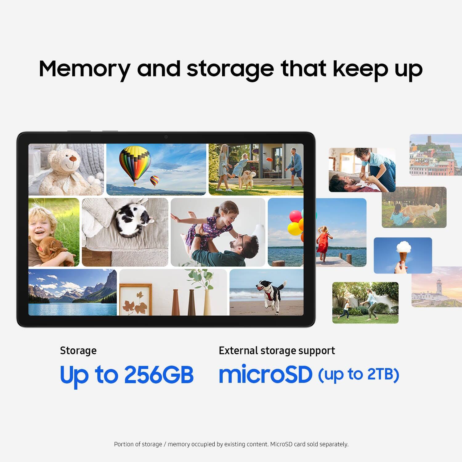 Memory and storage that keep up

Storage
Up to 256GB

External storage support
microSD (up to 2TB)

Portion of storage / memory occupied by existing content. MicroSD card sold separately.