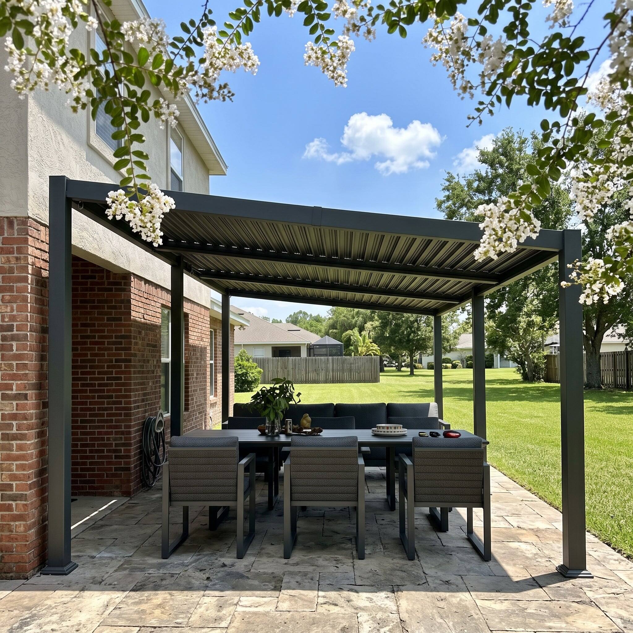 Angle. PURPLE LEAF - 11'×18' Louvered Pergola Slanted Roof Outdoor Aluminum Frame With Adjustable Rainproof roof for Patio Garden Yard - Gray.