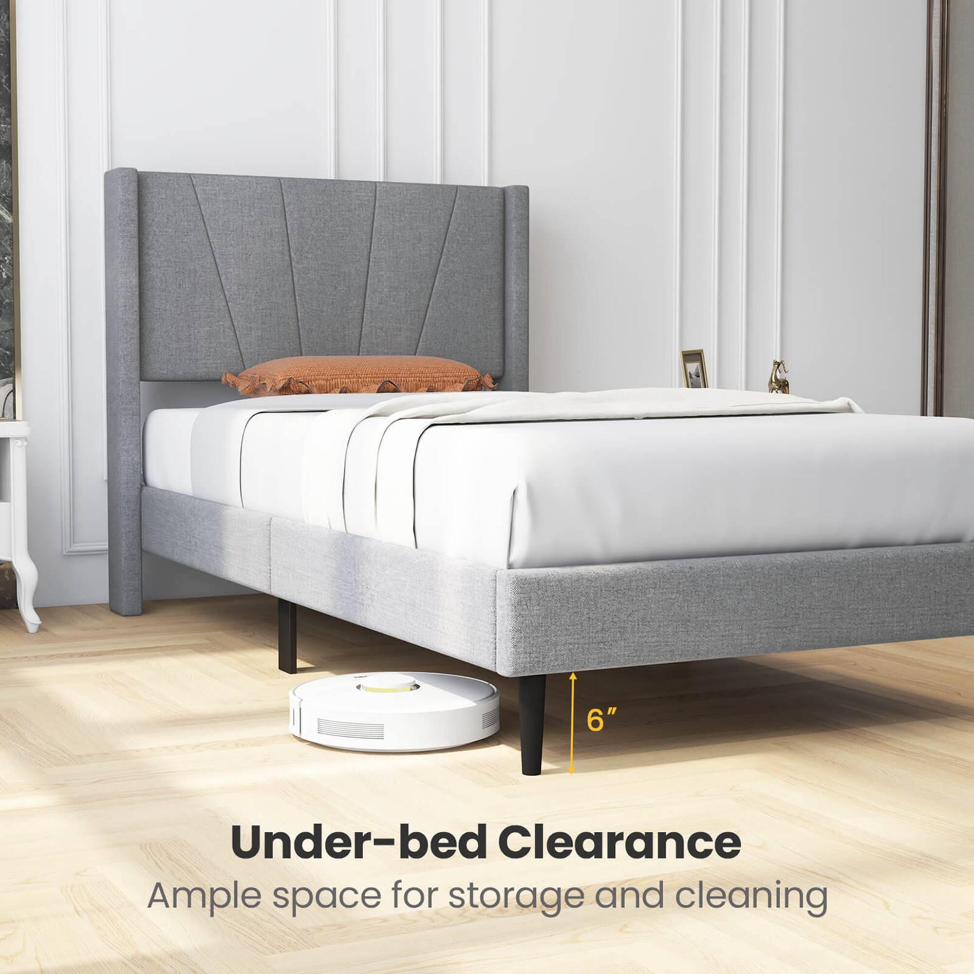 The text on the image reads: "Under-bed Clearance: 6" Ample space for storage and cleaning."
