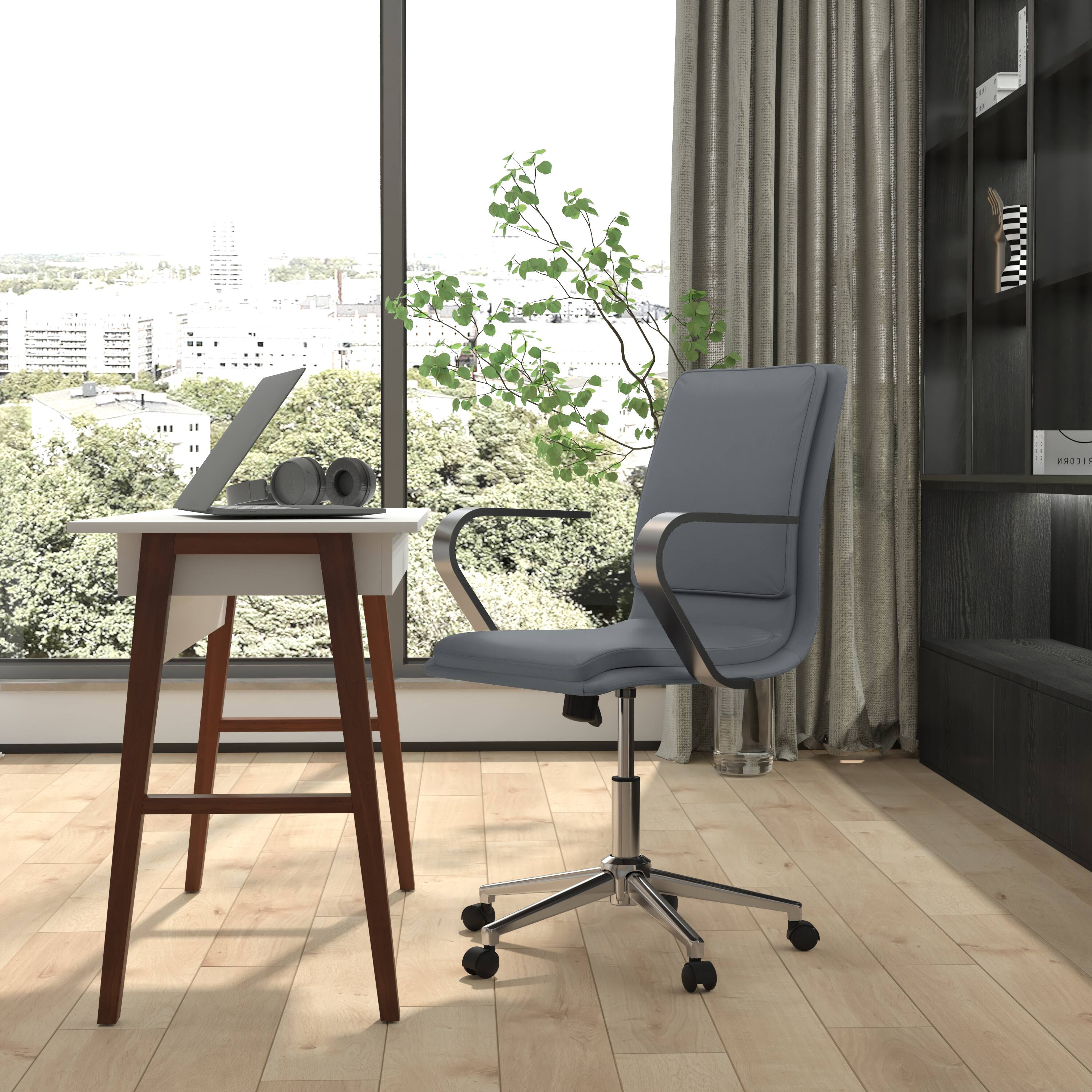 Alt View 1. Emma + Oliver - Ziva Modern Upholstered Mid-Back Home Office Chair with Arms and 5 Star Base - Gray LeatherSoft/Chrome Frame.