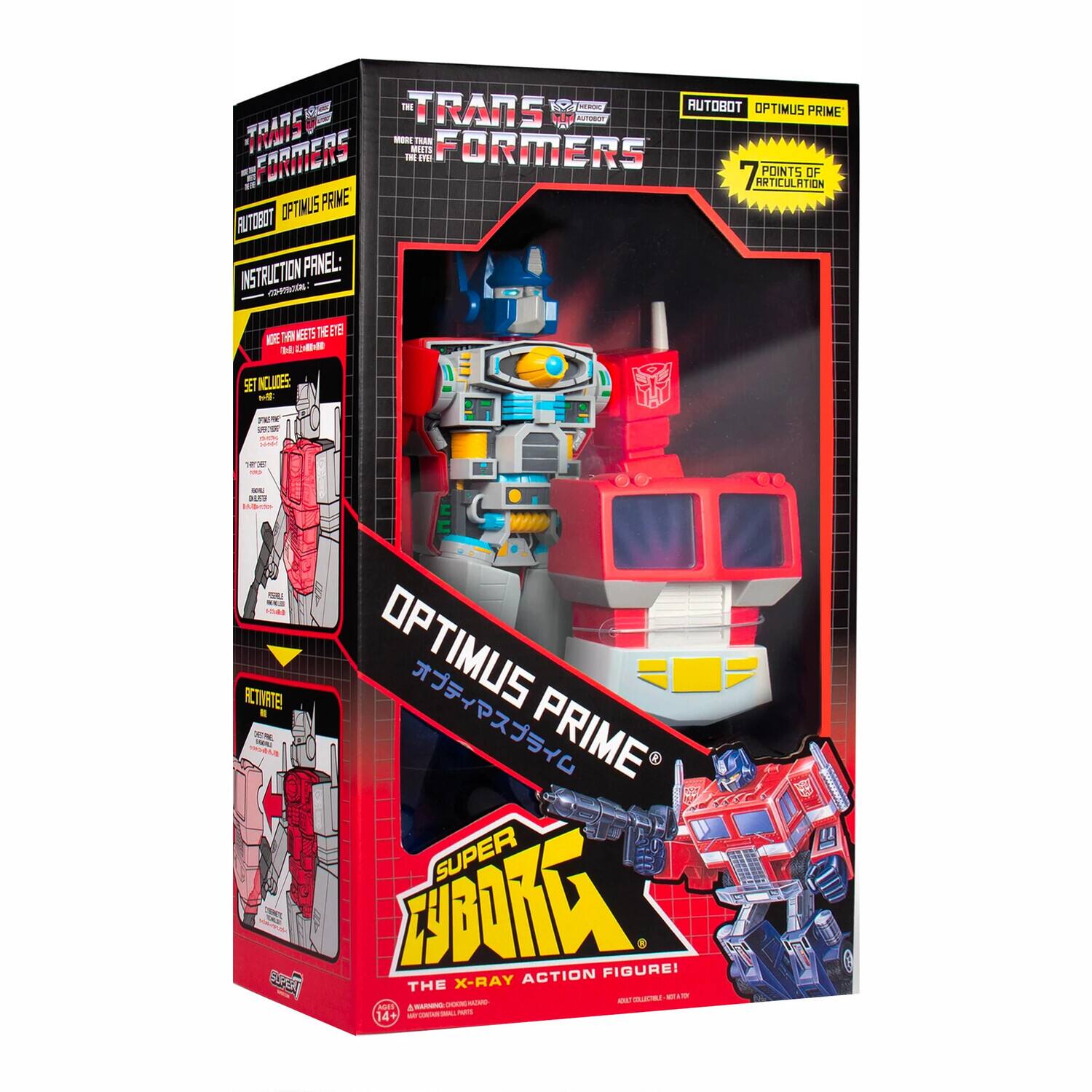 TRANSFORMERS  
AUTOBOT OPTIMUS PRIME  

INSTRUCTION PANEL:  
- Te NEETS DEETE KGE d L SET NCLICES  

- 7 POINTS OF ARTICULATION OPTIMUS PRIME  

- SUPER CYBORG  
THE X-RAY ACTION FIGURE!