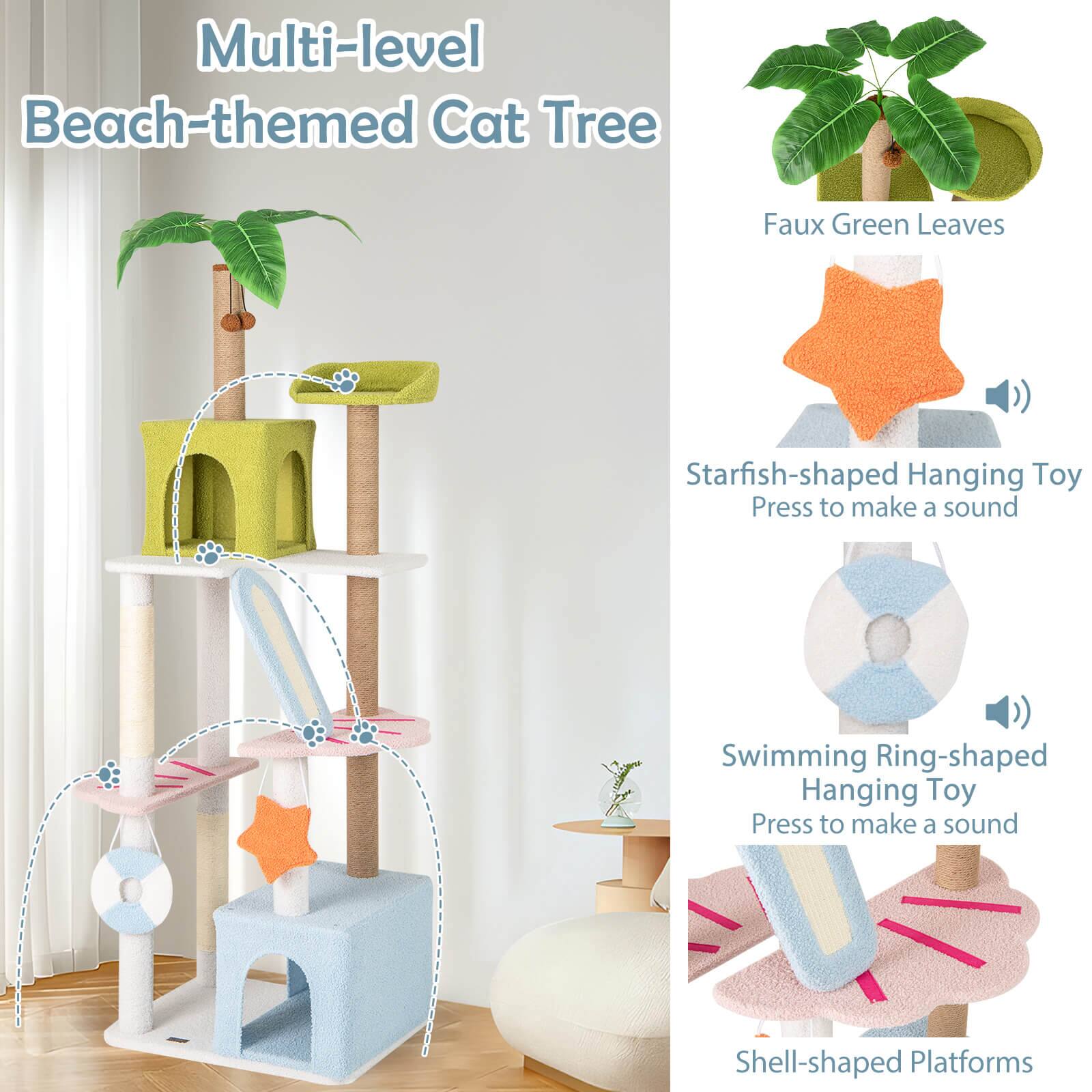 Multi-level Beach-themed Cat Tree

- Faux Green Leaves
- Starfish-shaped Hanging Toy
  Press to make a sound
- Swimming Ring-shaped Hanging Toy
  Press to make a sound
- Shell-shaped Platforms