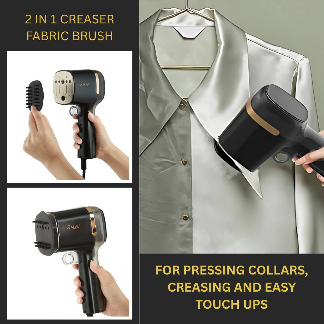 2 IN 1 CREASER  
FABRIC BRUSH  

FOR PRESSING COLLARS,  
CREASES AND EASY TOUCH UPS
