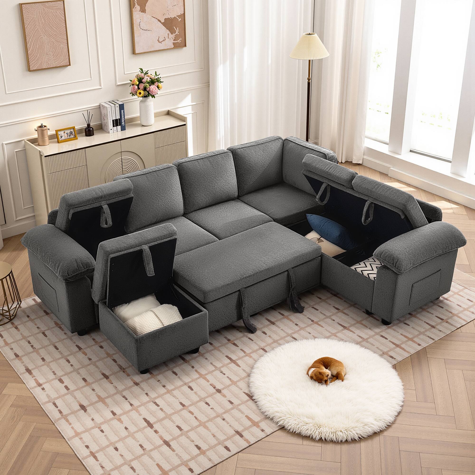 Alt View 2. KERDOM - Combined Convertible L-Shape Sofa with Storage Chaise for Living Room, Modular Sectional Sleeper Couch with Pull Out Bed - Grey-D.