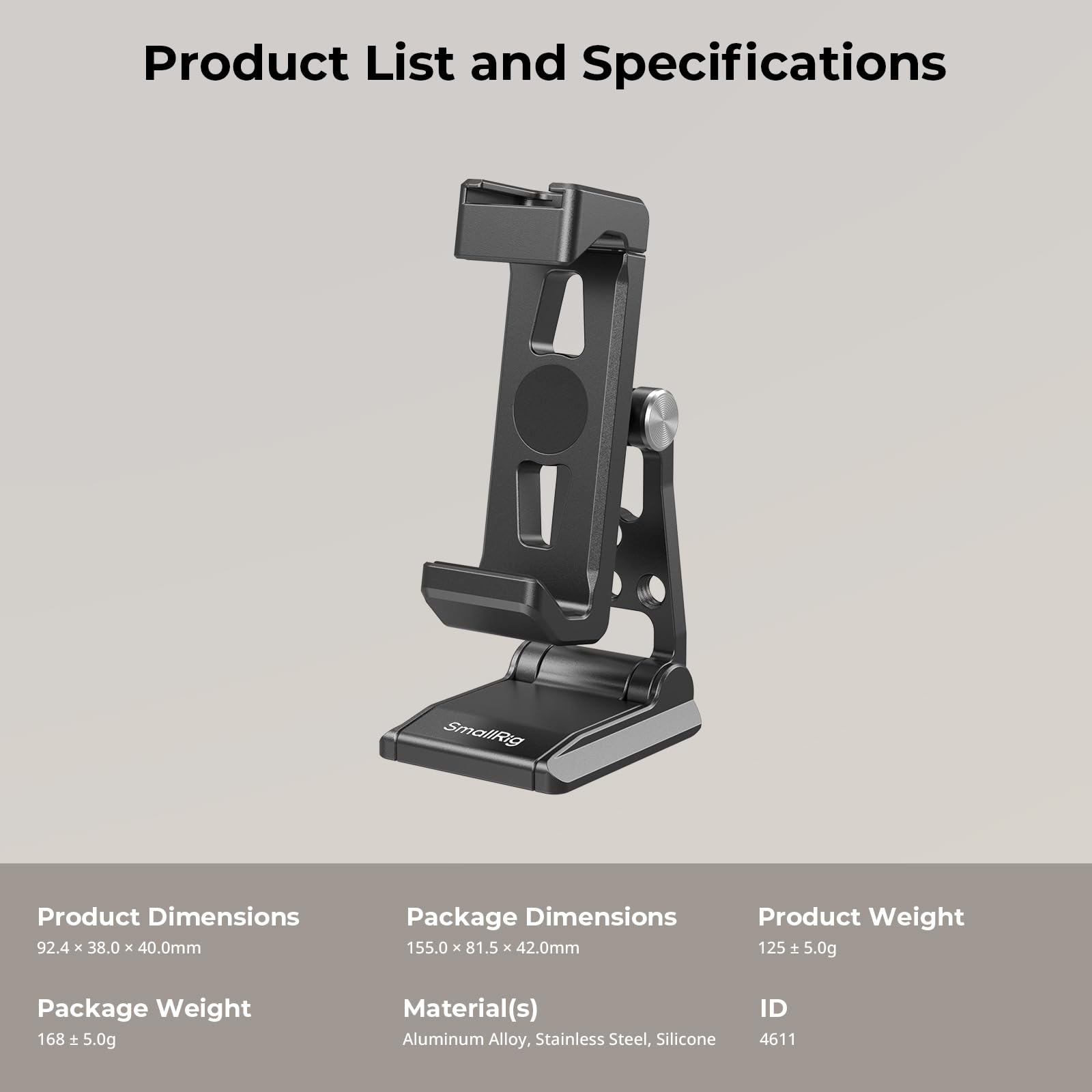 Product List and Specifications

Product Dimensions: 92.4 x 38.0 x 40.0mm  
Package Dimensions: 155.0 x 81.5 x 42.0mm  
Product Weight: 125 ± 5.0g  
Package Weight: 168 ± 5.0g  
Material(s): Aluminum Alloy, Stainless Steel, Silicone  
ID: 4611