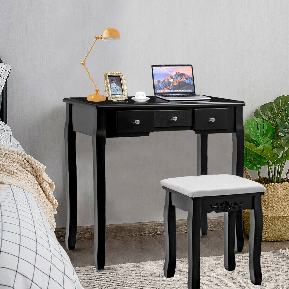 Alt View 3. Costway - Costway Vanity Jewelry Wooden Makeup Dressing Table Set W/Stool Mirror & 5 Drawers - Black.