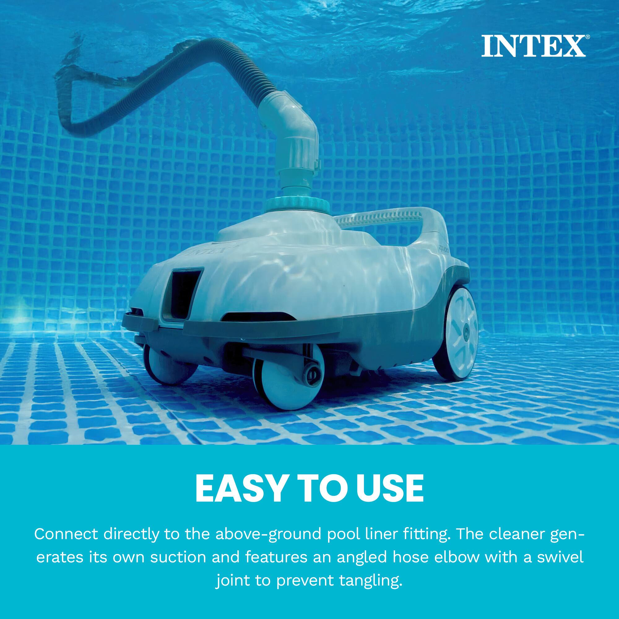 INTEX EASY TO USE

Connect directly to the above-ground pool liner fitting. The cleaner generates its own suction and features an angled hose elbow with a swivel joint to prevent tangling.