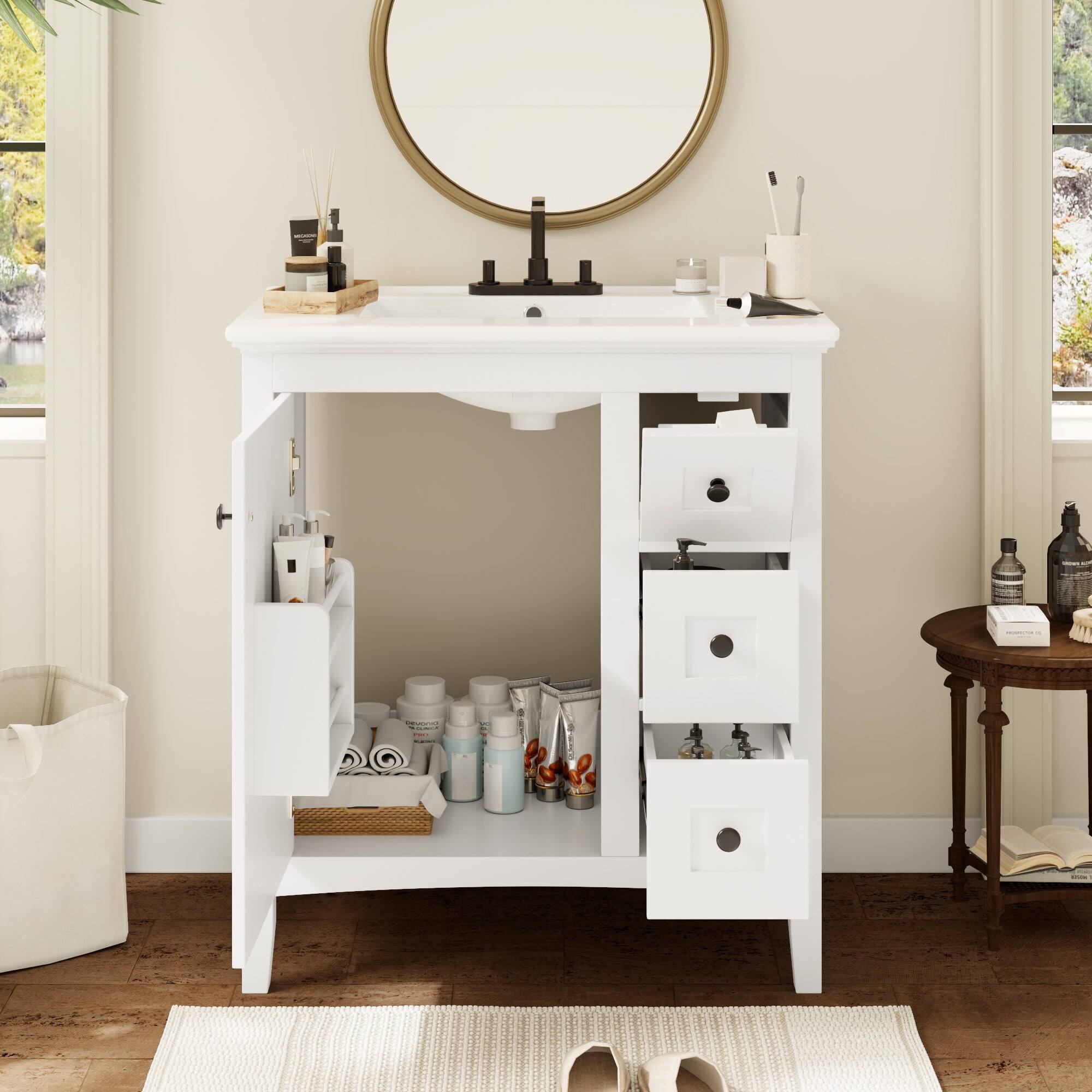 Alt View 2. Boyel Living - 30 Inch Bathroom Vanity with Ceramic Sink Three Drawers White - White.