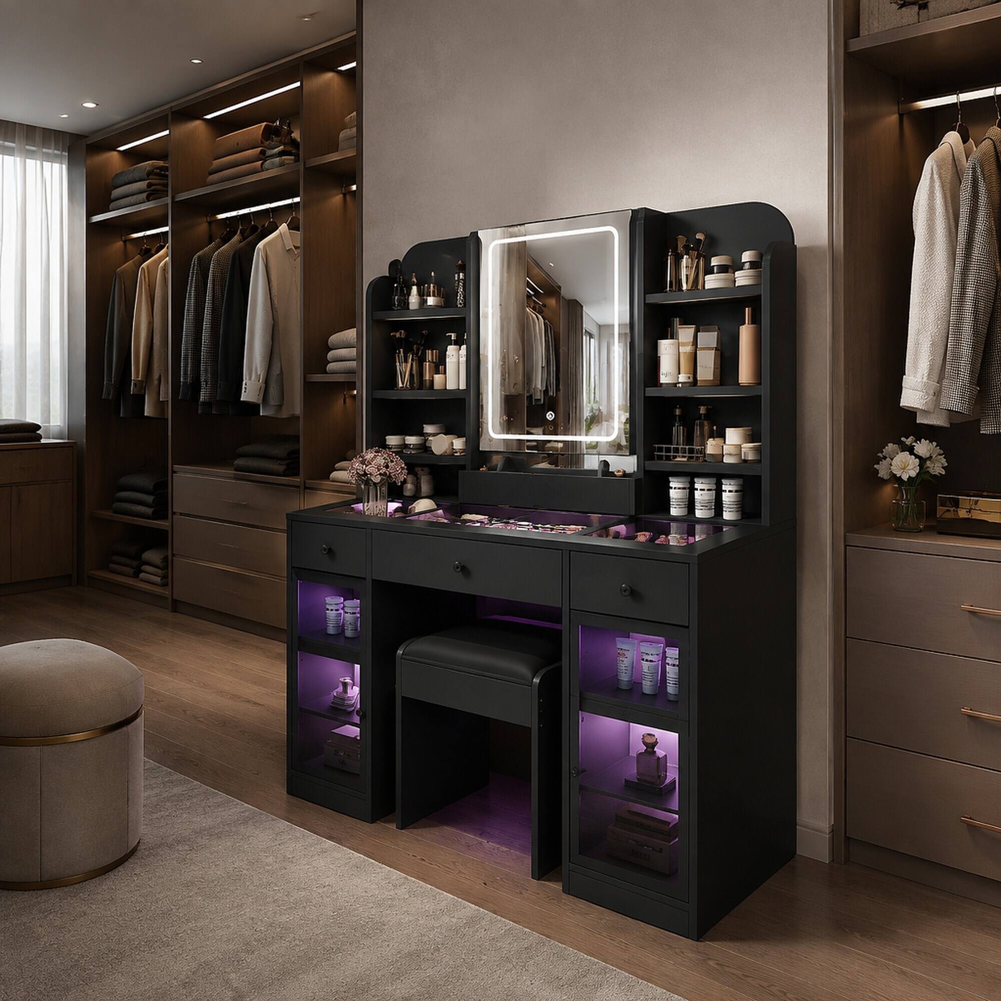 Left. RYHNUYNE - 43.2 in Vanity Desk, LED Mirror, 3 Drawers, Glass Top, RGB Cabinets, Stool, Black Makeup Table - Black.