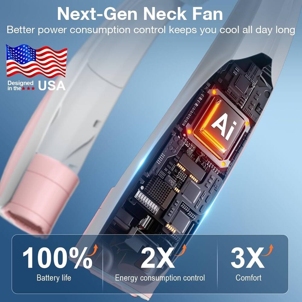 Next-Gen Neck Fan  
Better power consumption control keeps you cool all day long  
Designed in the USA  
100% Battery life  
2X Energy consumption control  
3X Comfort
