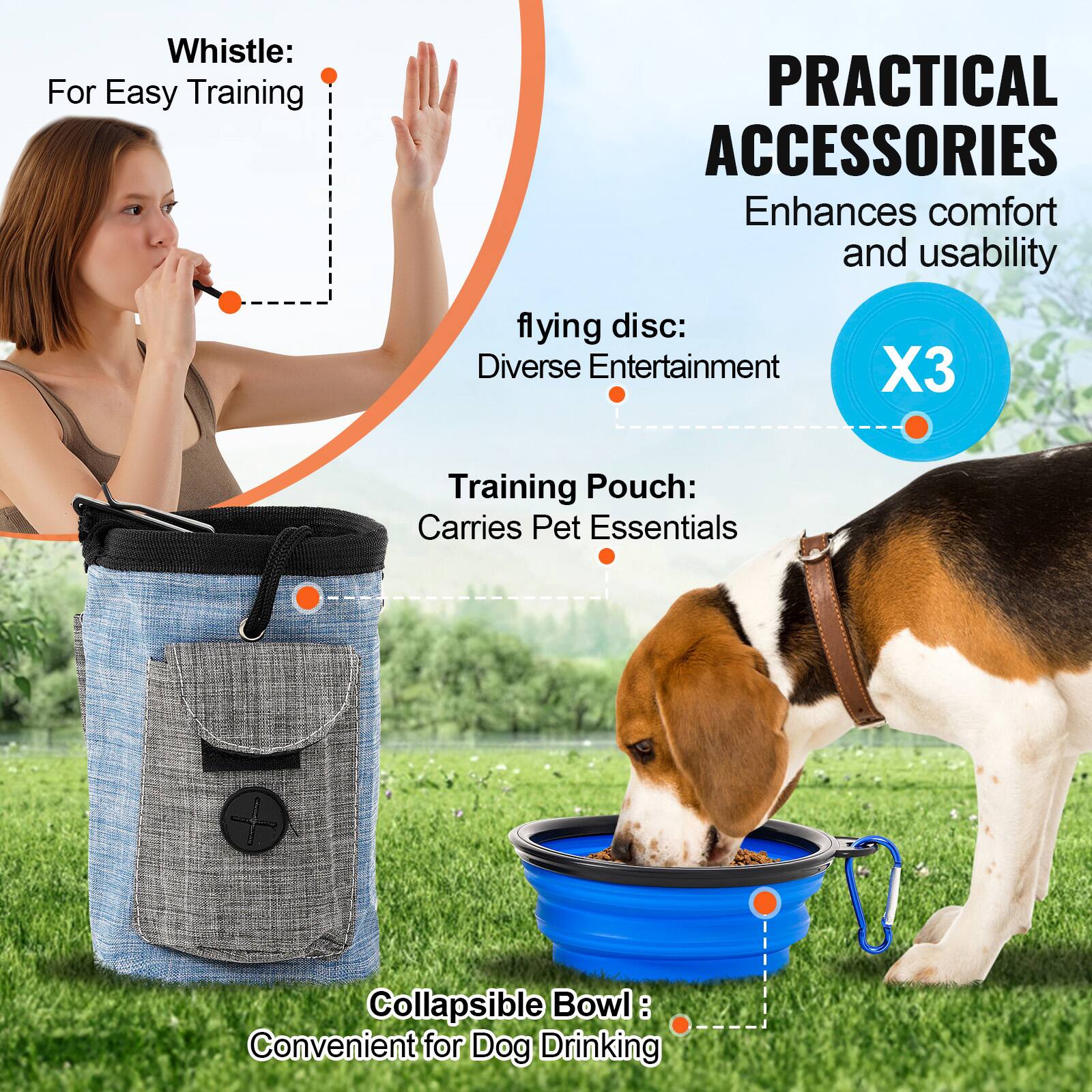 Whistle: For Easy Training

Flying disc: Diverse Entertainment

Training Pouch: Carries Pet Essentials

Collapsible Bowl: Convenient for Dog Drinking

PRACTICAL ACCESSORIES Enhances comfort and usability X3