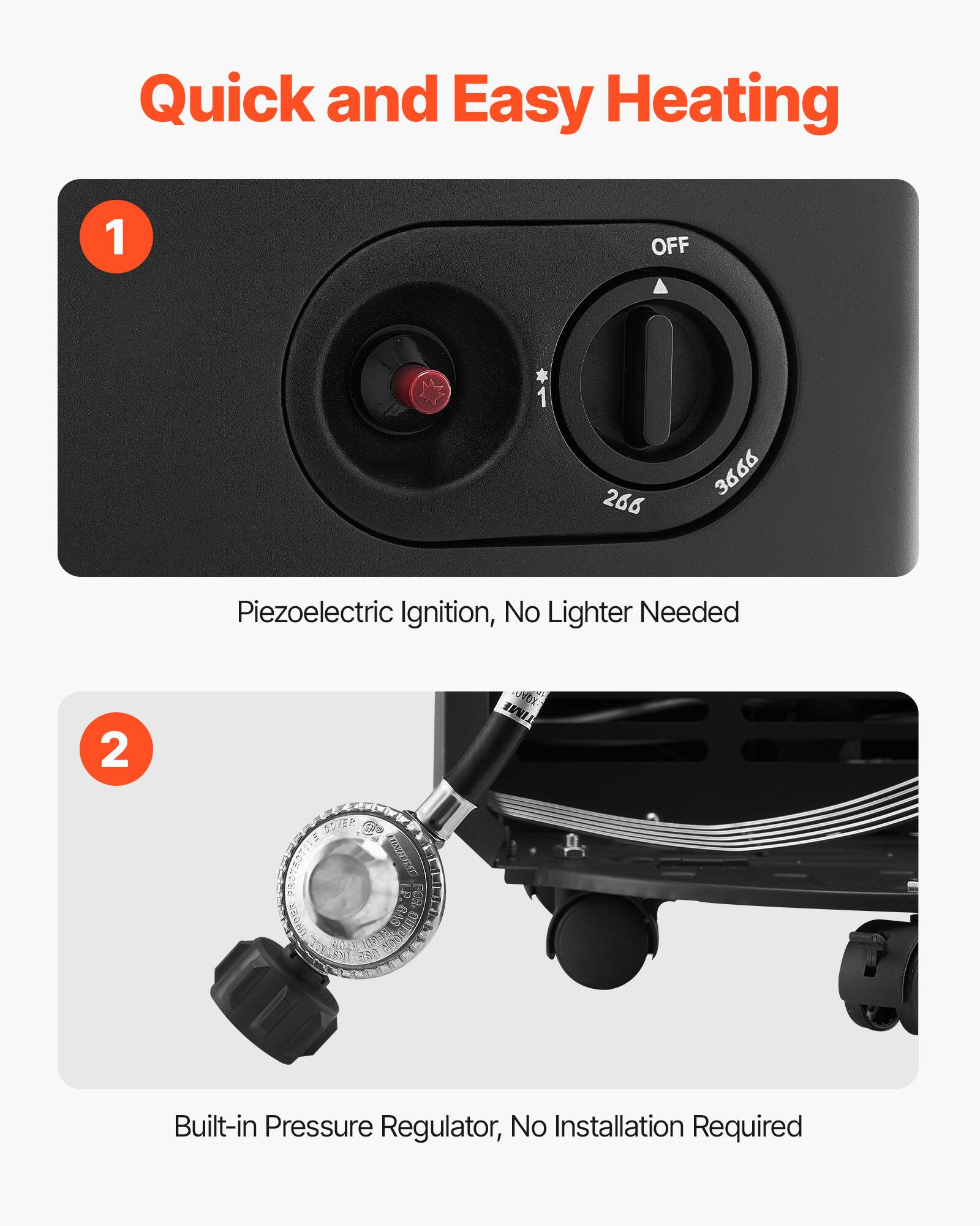Quick and Easy Heating

1. Piezoelectric Ignition, No Lighter Needed

2. Built-in Pressure Regulator, No Installation Required
