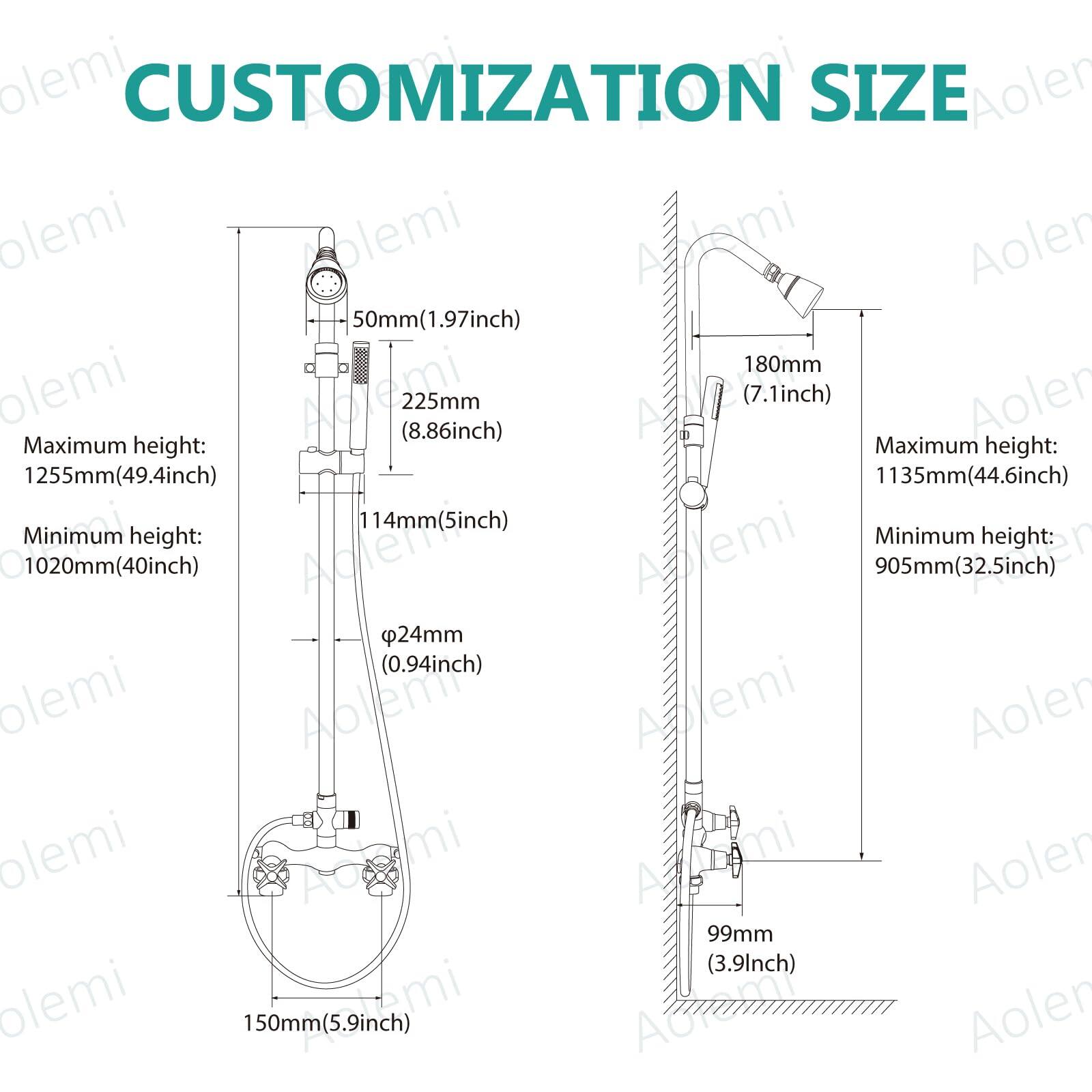 **CUSTOMIZATION SIZE**

- **Left Design:**
  - 50mm (1.97 inch)
  - 225mm (8.86 inch)
  - 114mm (5 inch)
  - 150mm (5.9 inch)
  - φ24mm (0.94 inch)
  - Maximum height: 1255mm (49.4 inch)
  - Minimum height: 1020mm (40 inch)

- **Right Design:**
  - 180mm (7.1 inch)
  - 99mm (3.9 inch)
  - Maximum height: 1135mm (44.6 inch)
  - Minimum height: 905mm (32.5 inch)