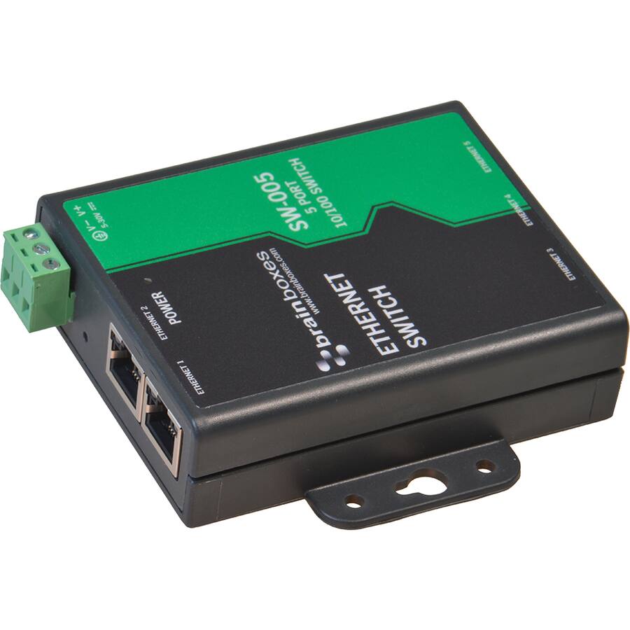 +A DE V- 5-30V 
ETHERNET POWER 1 ETHERNET
SW-005 PORT SWITCH 5 10/100 brainboxes www.brainboxes.com ETHERNET SWITCH
