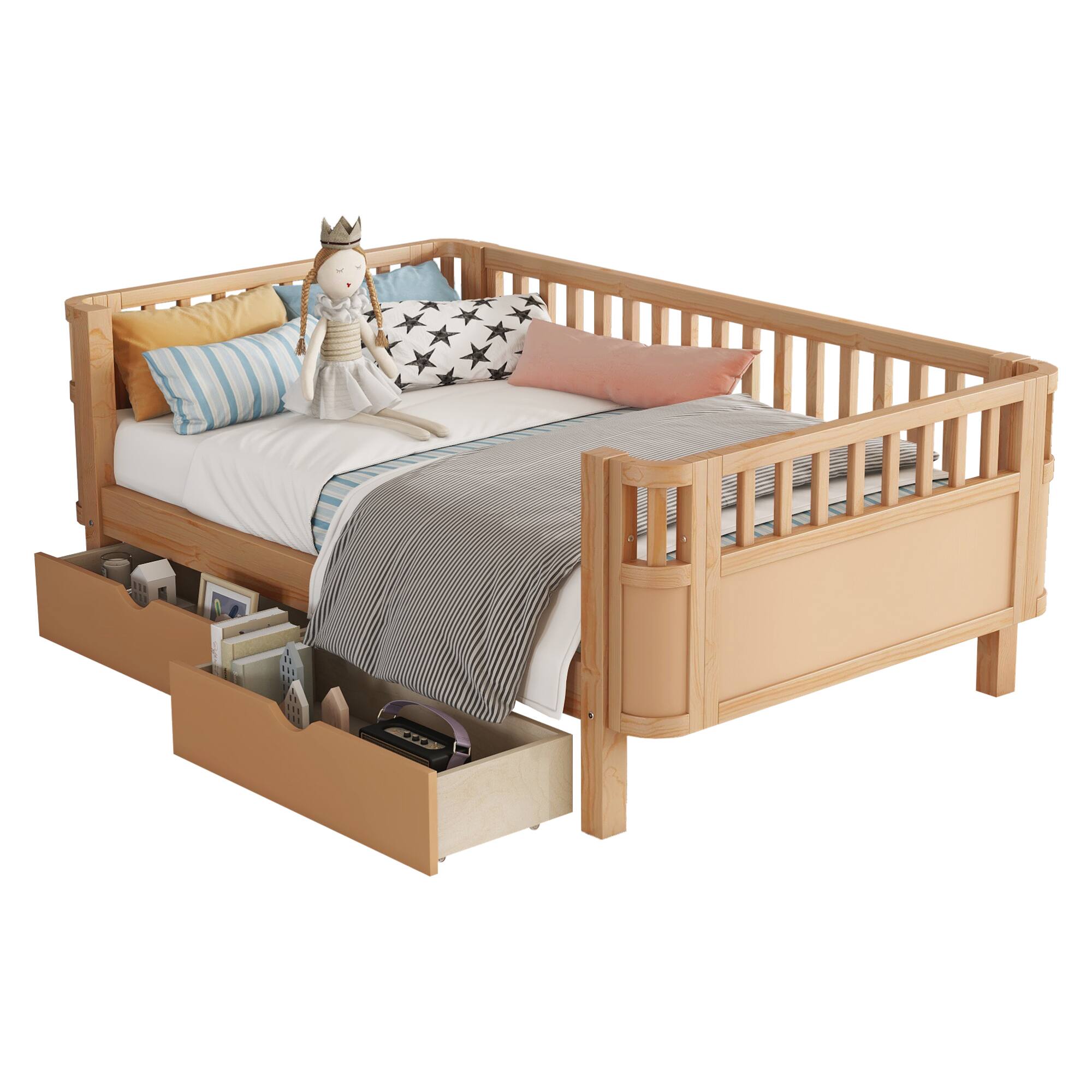 Alt View 8. GOODSILO - Twin Size Wood Platform Bed with Safety Rails for Kids, Low Profile Design with Storage Drawers and Modern Style - Natural.