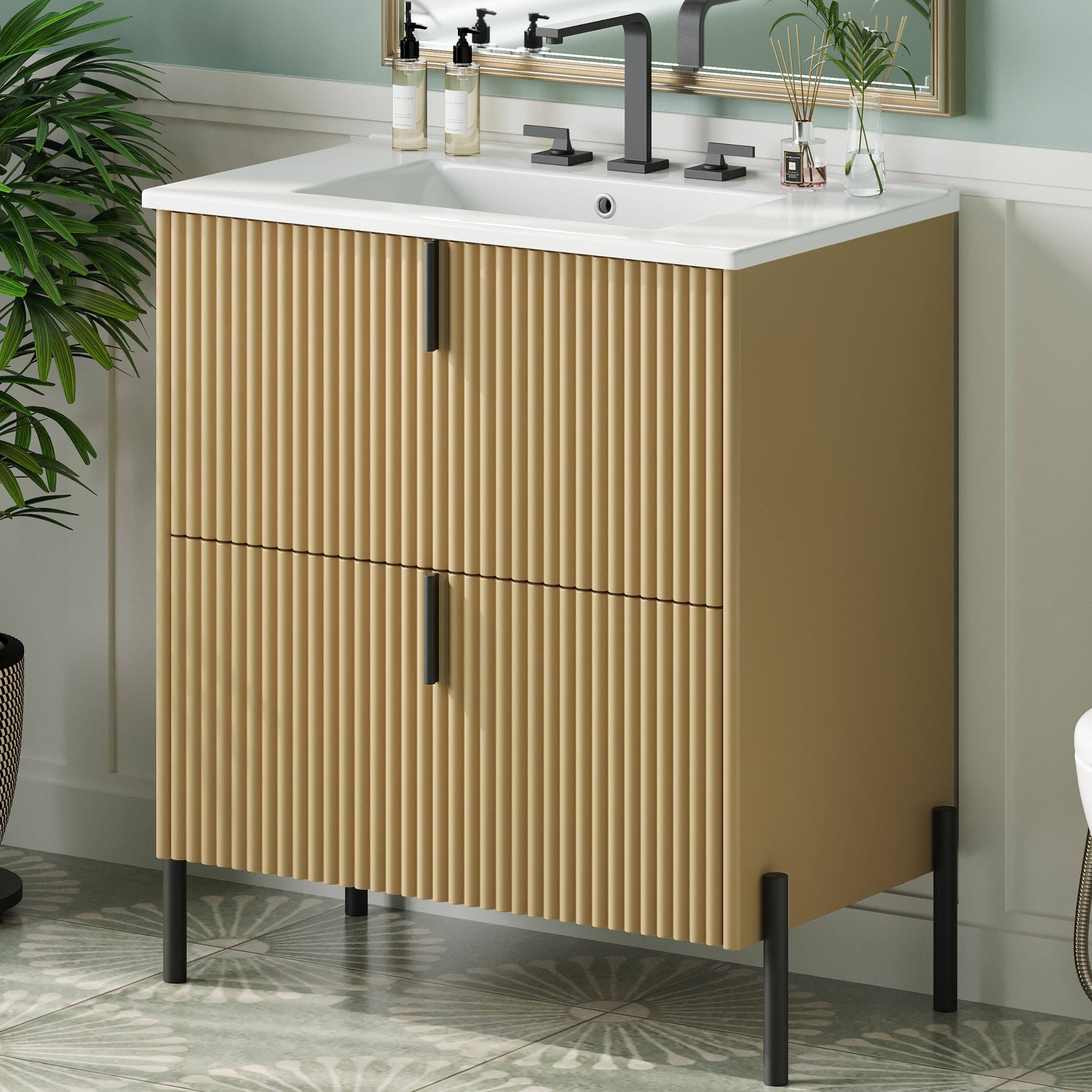 Left. Boyel Living - 30 Inch Bathroom Vanity with Ceramic Sink Vertical Pulls Full Extension Drawers Soft Close Natural - Natural.