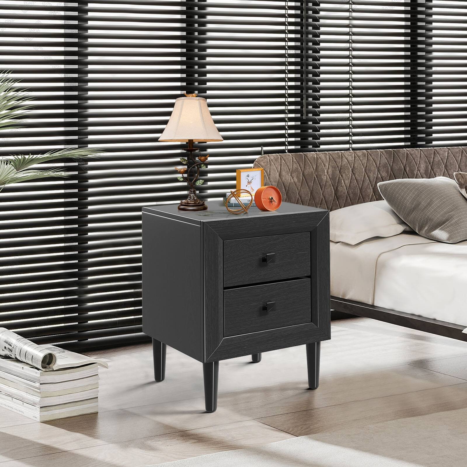 Alt View 3. Ecooso - Nightstand Multipurpose Retro Bedside End Side Table with 2 Drawers for Bedroom - Black.