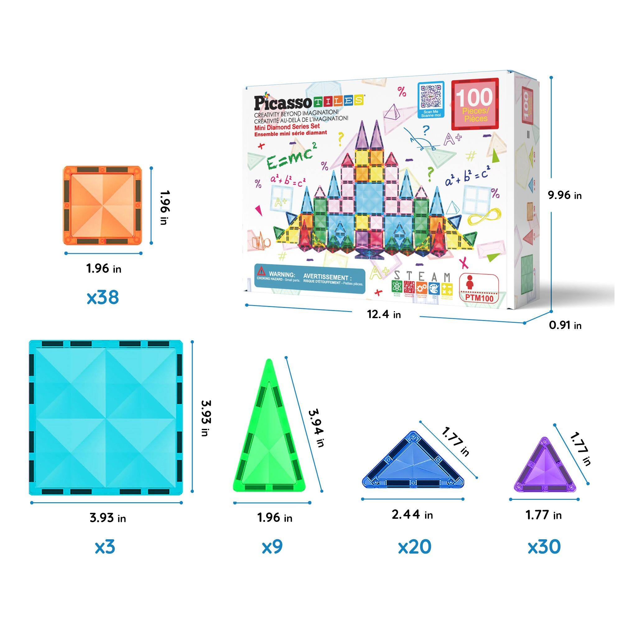 1.96 in Picasso T I L E S CREATIVISY RYOND IMAGINATION CREATVIT AU-DELA DE L'IMAGINATION Mini Diamond Series Set Ensemble - srie diamant +  ? E=mc2 % a'. bc  % % 100 - - Pieces/ te - Pieces ? ? a'+b=c2 +  % 00 9.96 in 1.96 in x38 WARNING: AVERTISSEMENT STEAM - - - - ETIRD - - PTM100 12.4 in 0.91 in 3.93 in 3.94 in 1.77 in 1.77 in 3.93 in 1.96 in 2.44 in 1.77 in x3 x9 x20 x30