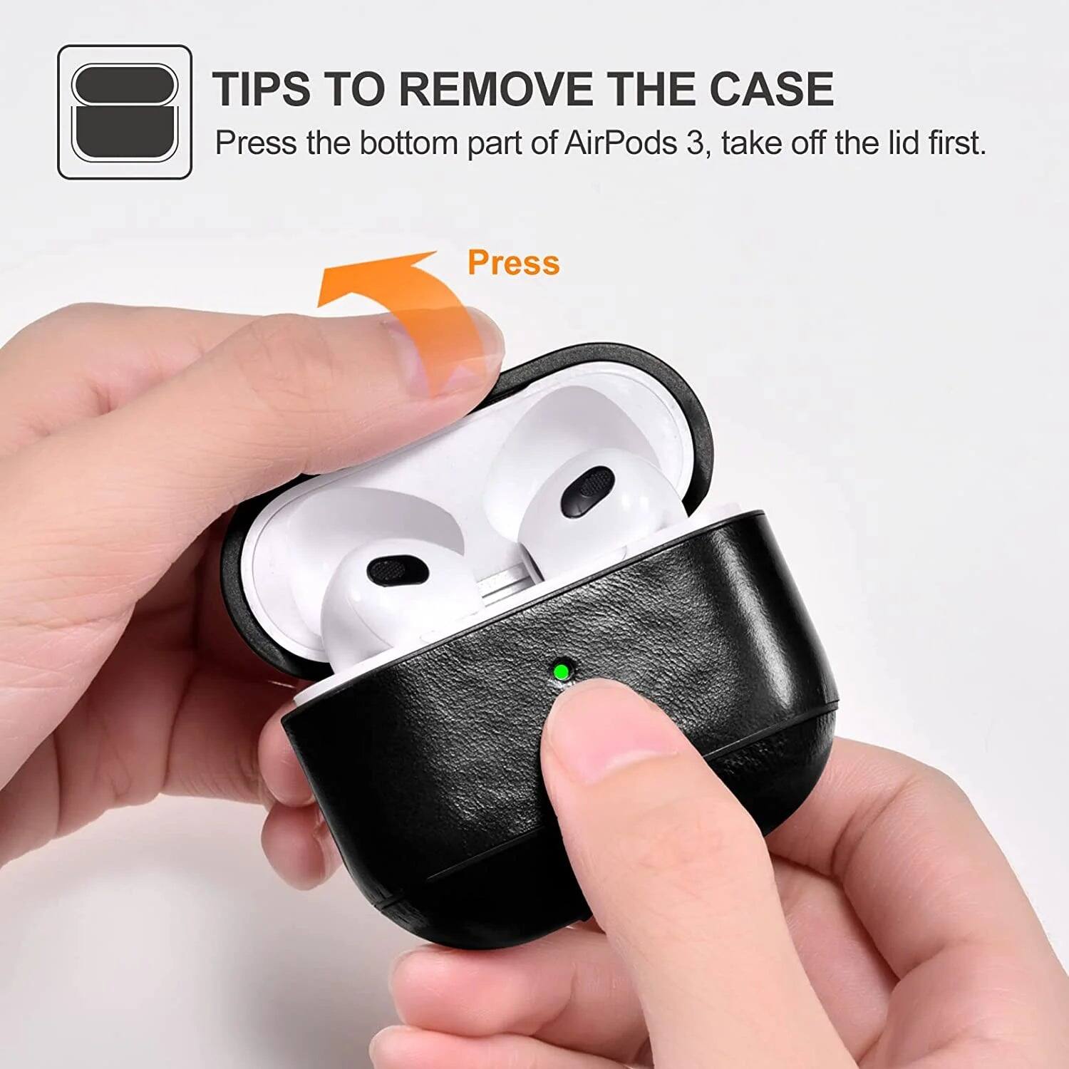 TIPS TO REMOVE THE CASE

Press the bottom part of AirPods 3, take off the lid first.