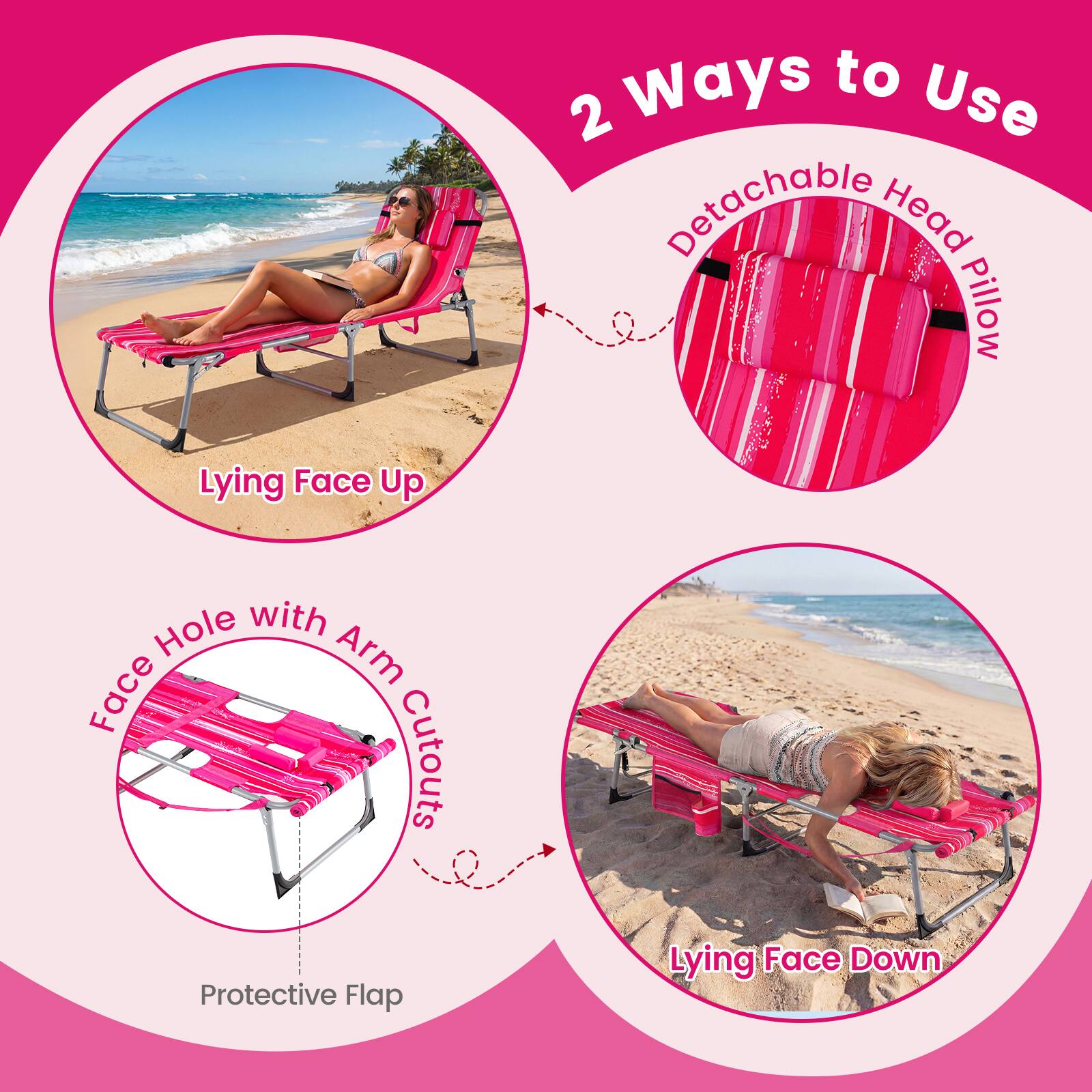 Ways to Use 2 Detachable Head Pillow Lying Face Up Hole with Arm Face Cutouts Protective Flap Lying Face Down