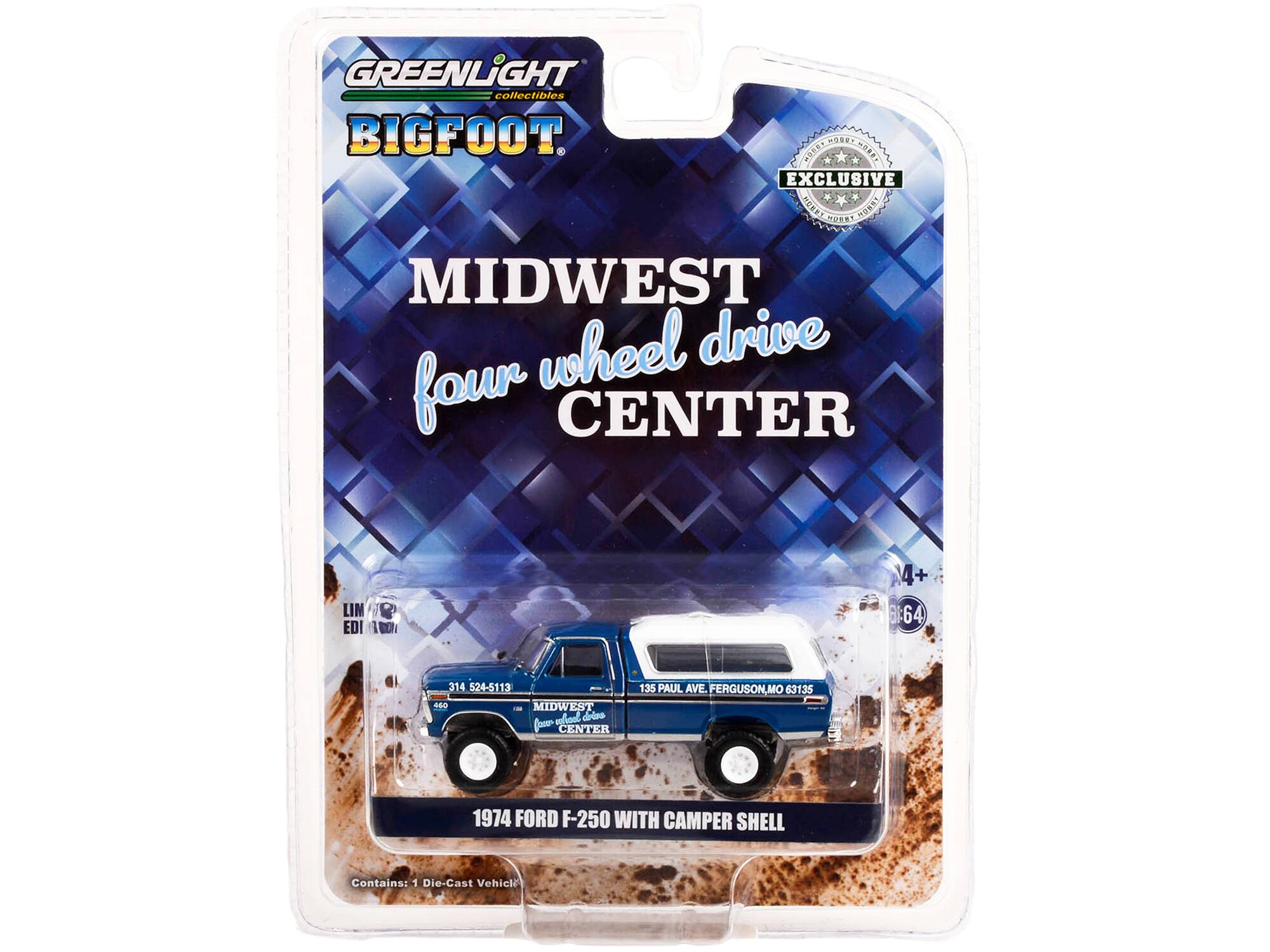 GREENLIGHT collectibles  
BIGFOOT  
EXCLUSIVE  

MIDWEST four wheel drive CENTER  

1974 FORD F-250 WITH CAMPER SHELL  

Contains: 1 Die-Cast Vehicle  

LIMITED EDITION  

314 524-5113  
135 PAUL AVE. FERGUSON, MO 63135  

4+  
1:64