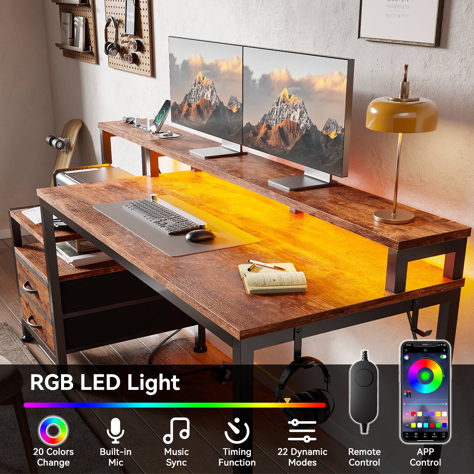 RGB LED Light: 20 Colors Change, Built-in Mic, Music Sync, Timing Function, 22 Dynamic Modes, Remote Control, APP Control