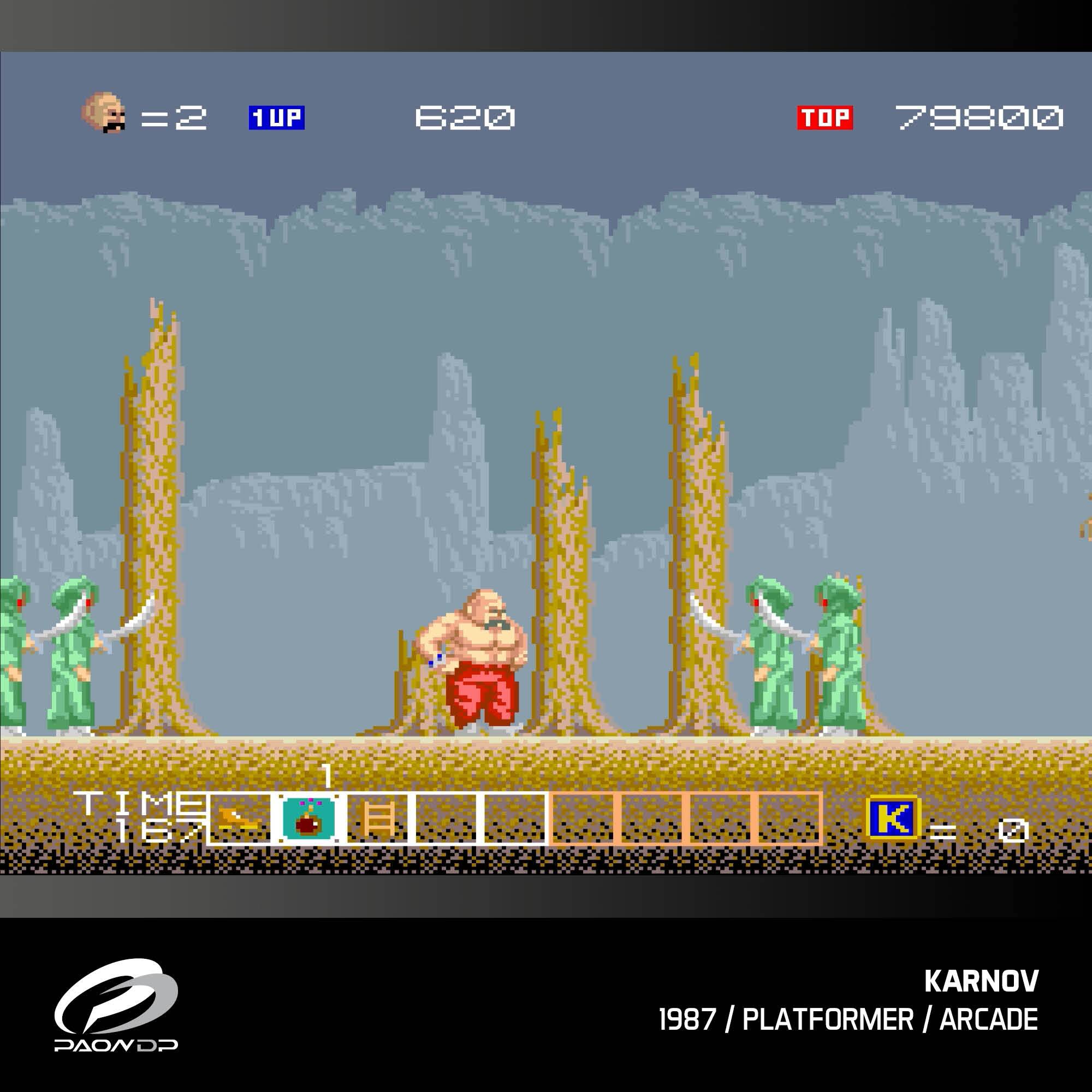 =2 1UP 620 TOP 79800 F 167 1 PAOND KARNOV 1987 / PLATFORMER / ARCADE