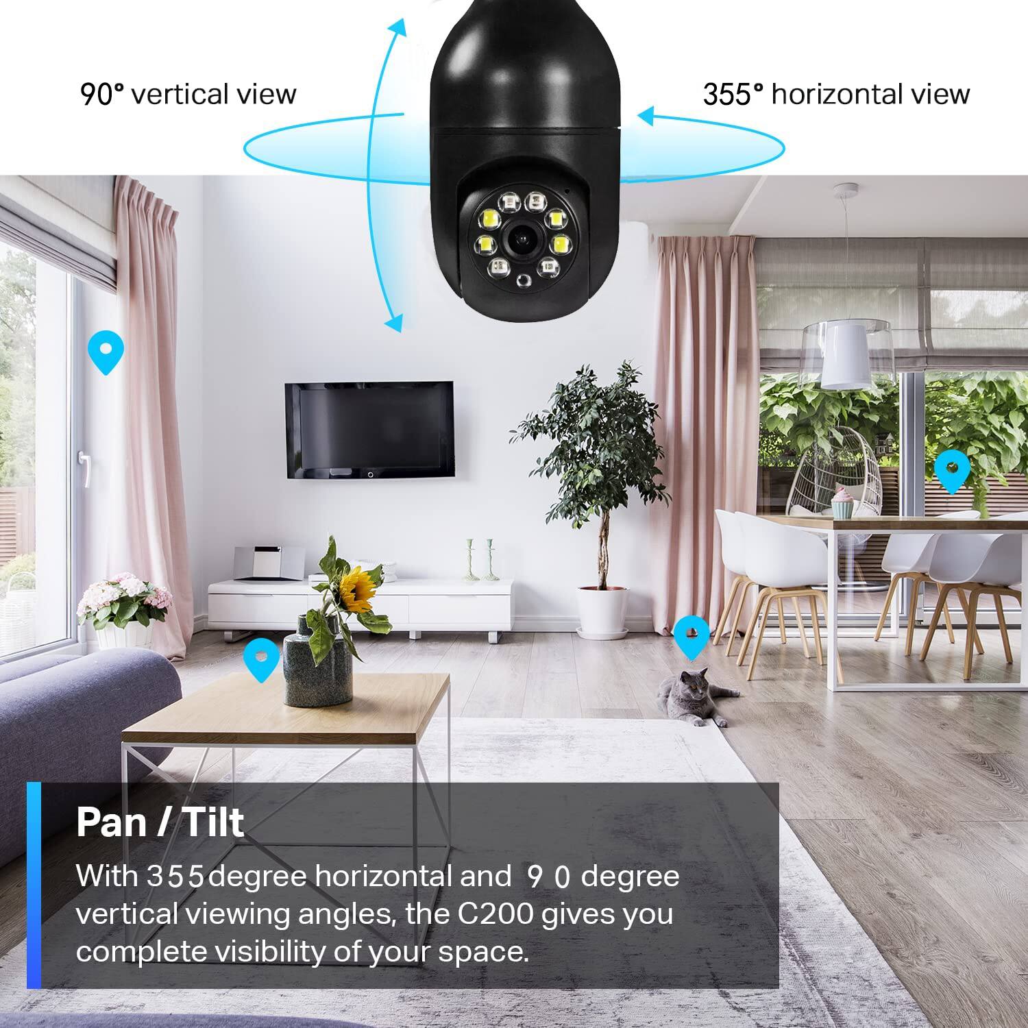 90° vertical view  
355° horizontal view  

Pan / Tilt  

With 355 degree horizontal and 90 degree vertical viewing angles, the C200 gives you complete visibility of your space.