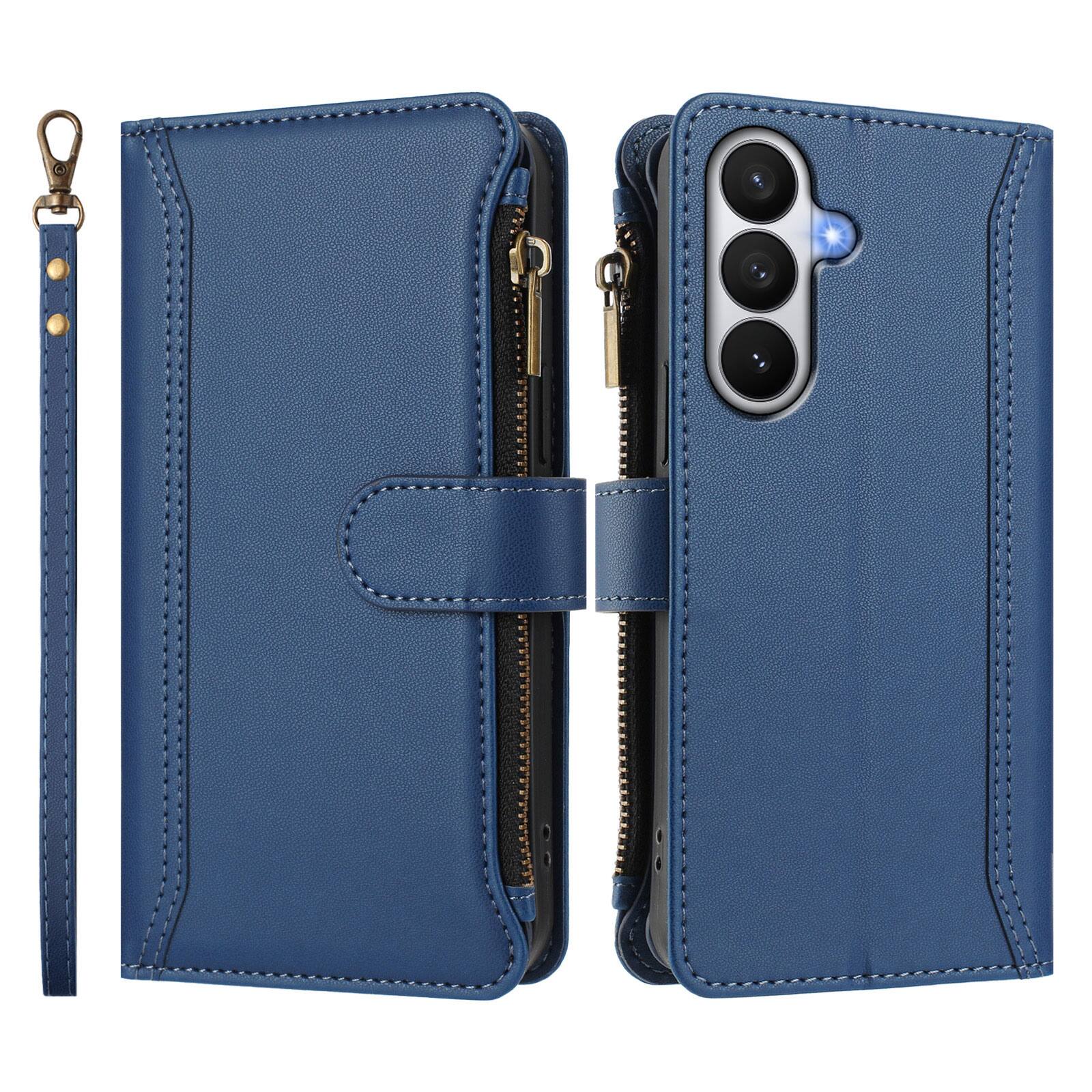Angle. UUCOVER - Wallet Case for Samsung Galaxy S26 with Zipper Pocket, Cash Card Slots, Wrist and Shoulder Strap, Flip Kickstand Cover - Darkblue.