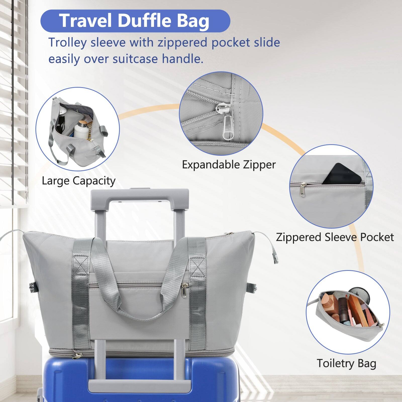 Travel Duffle Bag

Trolley sleeve with zippered pocket slide easily over suitcase handle.

- Large Capacity
- Expandable Zipper
- Zippered Sleeve Pocket
- Toiletry Bag