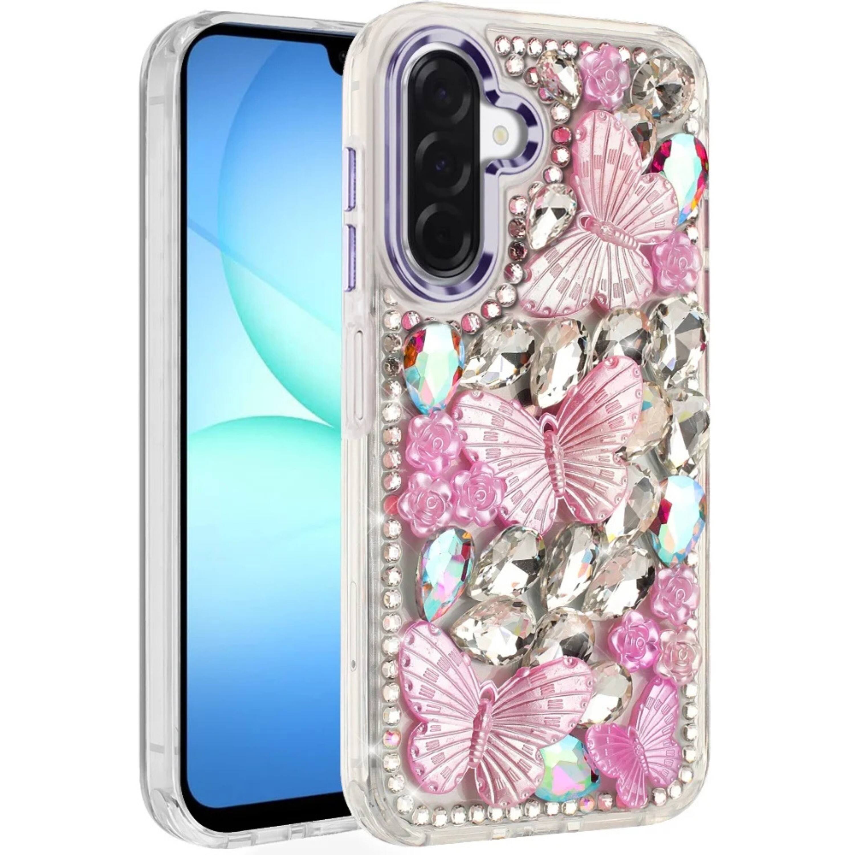 Front. Kitcheniva - Bling Diamond Large Butterfly 3D Jewel Phone Case With Tempered Glass For Samsung A17 5G Purple - Purple.