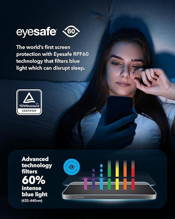 eyesafe 60  
The world's first screen protection with Eyesafe RPF60 technology that filters blue light which can disrupt sleep.  

TÜV Rheinland CERTIFIED  

Advanced technology filters 60% intense blue light (435-440nm)