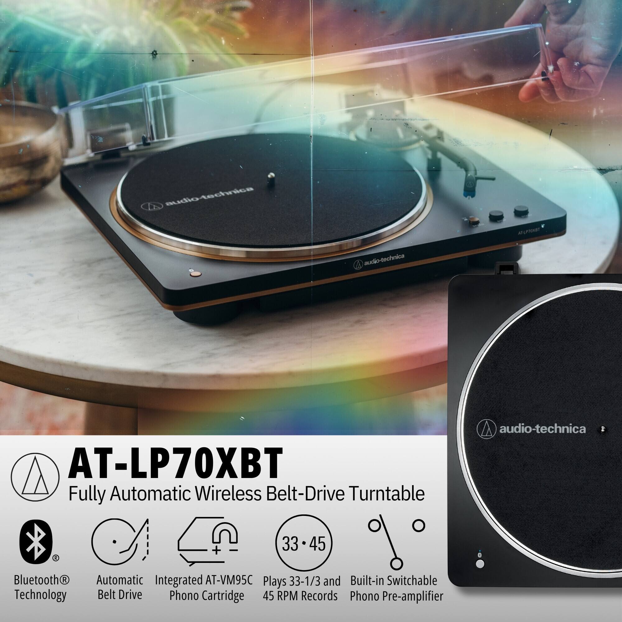 audio-technica AT-LP70XBT Fully Automatic Wireless Belt-Drive Turntable

- Bluetooth® Technology
- Automatic Belt Drive
- Integrated AT-VM95C Phono Cartridge
- Plays 33-1/3 and 45 RPM Records
- Built-in Switchable Phono Pre-amplifier