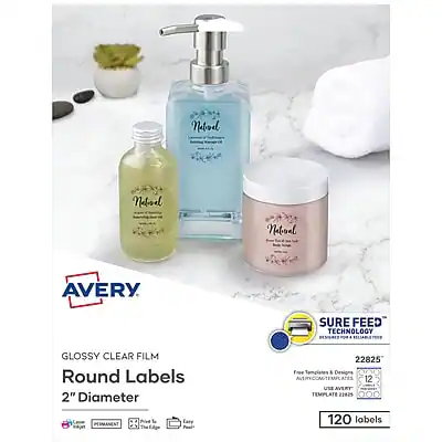 Avery Sure Feed Technology Glossy Clear Film Round Labels 2" Diameter 22825 Free Templates Avery.com/templates 120 Labels