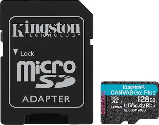 Kingston TECHNOLOGY
Lock
microSD
ADAPTER
Kingston®
CANVAS Go! Plus
microSDXC I
128GB
TAIWAN
U3 V30 A2 FC X
SDCG3/128GB